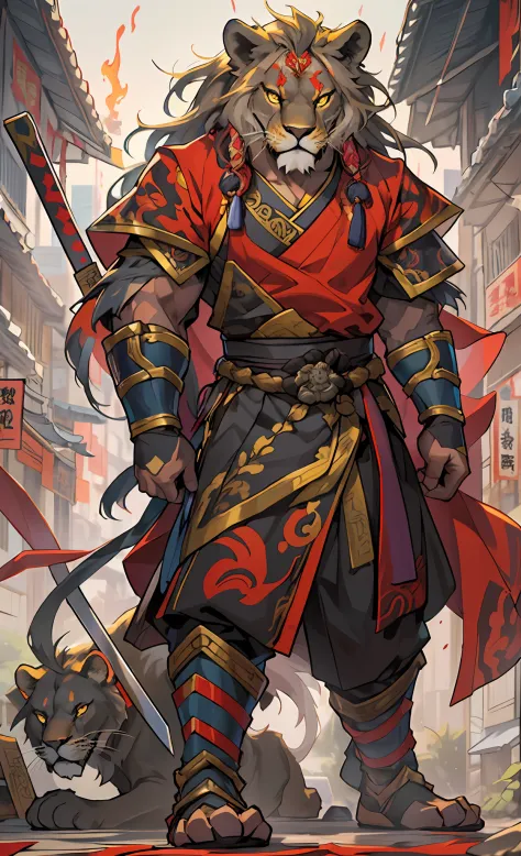 Lion warriors, Full body like，Close-up of lion warrior holding a sword in the city, Determined eyes，Fierce，Akira in Chinese myth...