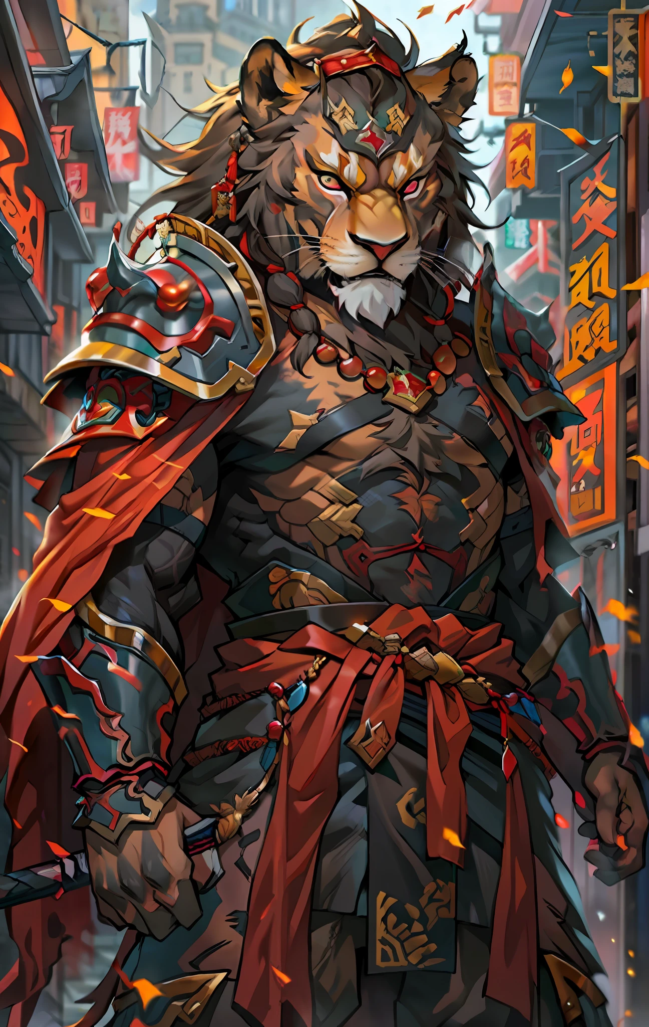 Львы-воины, Полное тело, как，Крупный план воина-льва с мечом в городе, Решительные глаза，яростный，Акира в китайской мифологии, эпический величественный торговец-дегенерат, Бянь Лиан, Ян Дж., Китайский воин, огненный лев, Сон Гоку, CGSociety и Фэнхуа Чжун, вдохновленный Ли Канем, эпический воин-самурай, кот воин, повелитель зверей, Красный рваный плащ，броня，живопись стоя в полный рост，фэнтезийный сеттинг, концепция персонажа, искусство персонажей, Портрет персонажа, мультфильм, Лучшее качество, лучшее разрешение, 4K, яркий colors, яркий, высокая детализация, лучшая деталь, уверенная поза, экстраверт, смотреть вниз, Серьезное выражение