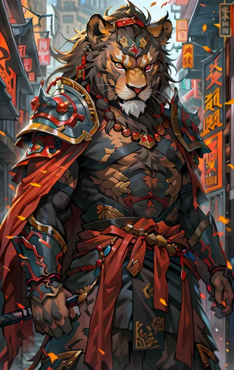 lion warriors, full body like，close-up of lion warrior holding a sword in the city, determined eyes，fierce，akira in chinese myth...