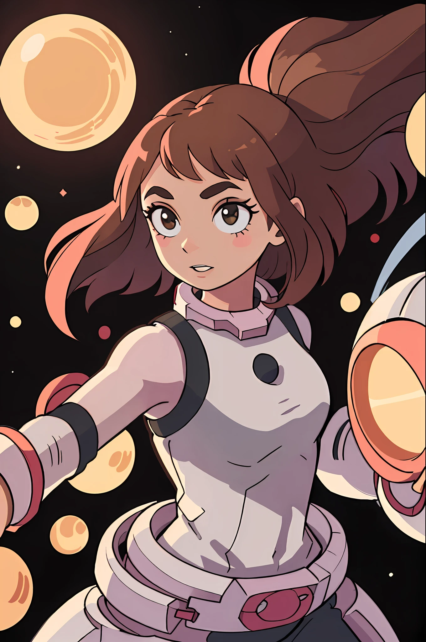 ((melhor qualidade + obra prima + alta resolução)), Uraraka Ochako, ((Arte minimalista)), floating in the space, Fofa, parte superior do corpo, hero outfit, ((1girl)), ((corpo proporcionando)), simples