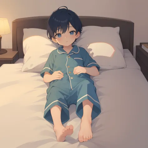 4K), Cute 7 year old little boy with small feet and short legs with dark blue hair and barefoot and tight romper pajamas, Lies down on the bed and shows his feet, Regentag, Nebel Licht, Impressionismus, 2D, Feet in focus
