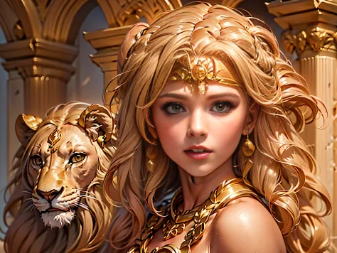 A Leo blonde girl with teeth and claws，The head is decorated with lion's ears，Has a lion's tail，He was covered in golden armor，S...