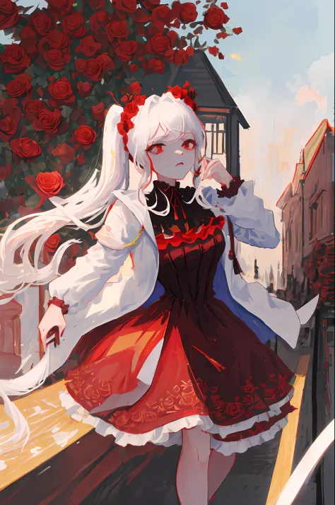 (absurdres, highres, ultra detailed),(Masterpiece, best quality:1.2),1girl,White haired girl,red eyes, surrounded by Roses,twin ...