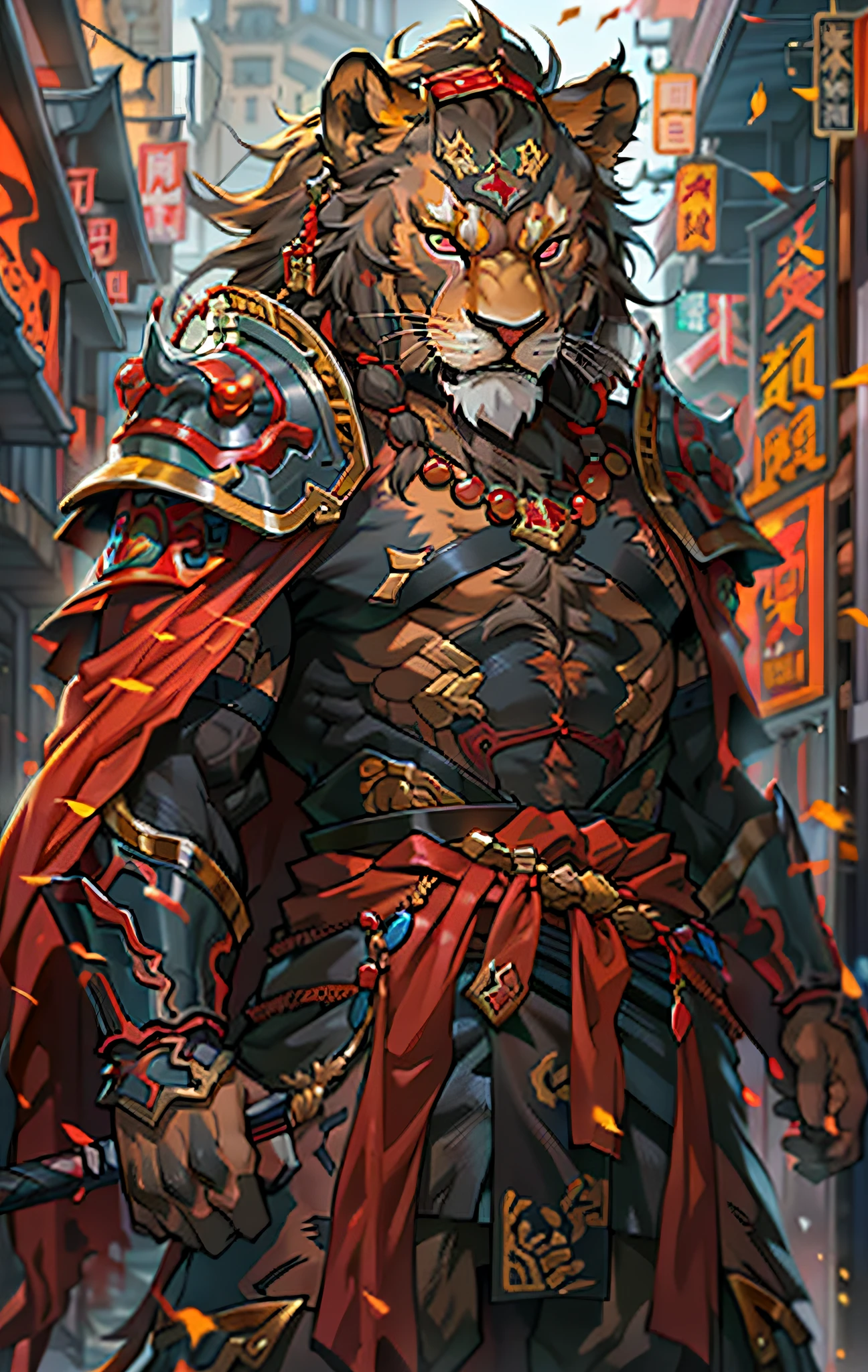 guerreros leones, cuerpo completo como，Primer plano del guerrero león sosteniendo una espada en la ciudad, Ojos decididos，Feroz，Akira en la mitología china, Un épico y majestuoso comerciante de Degen, bian lian, by Yang J, guerrero chino, león de fuego, Son Goku, cgsociety y fenghua zhong, inspirado en Li Kan, guerrero samurai épico, guerrero gato, señor de las bestias, Capa roja hecha jirones，armadura，Cuadro de cuerpo entero de pie.，escenario de fantasía, Concepto de personaje, arte de personajes, retrato de personaje, Dibujos animados, mejor calidad, mejor resolución, 4k, vívido colors, vívido, Alto detalle, mejor detalle, pose segura, extrovertido, mirar desde abajo, expresión seria