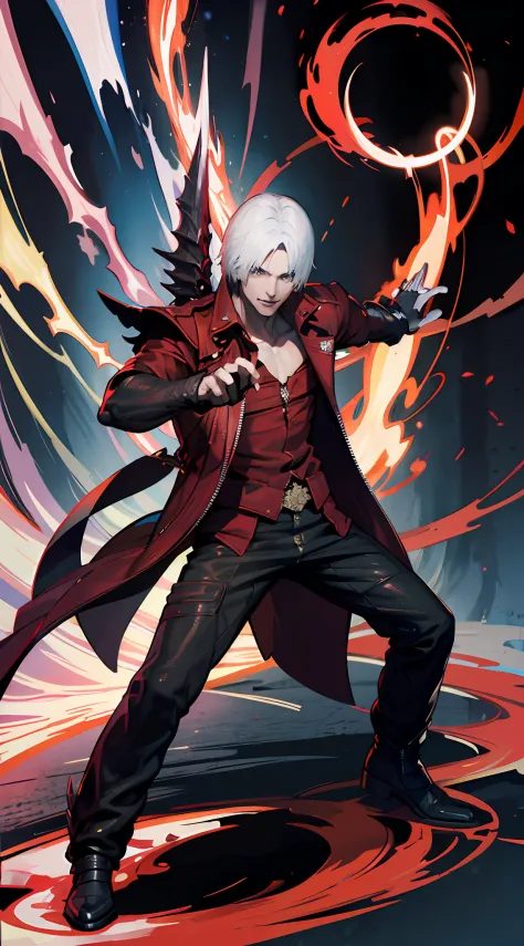 Dante, 30 aged, dark and red aura, holding flaming sparda, fire walking, destroied cenary