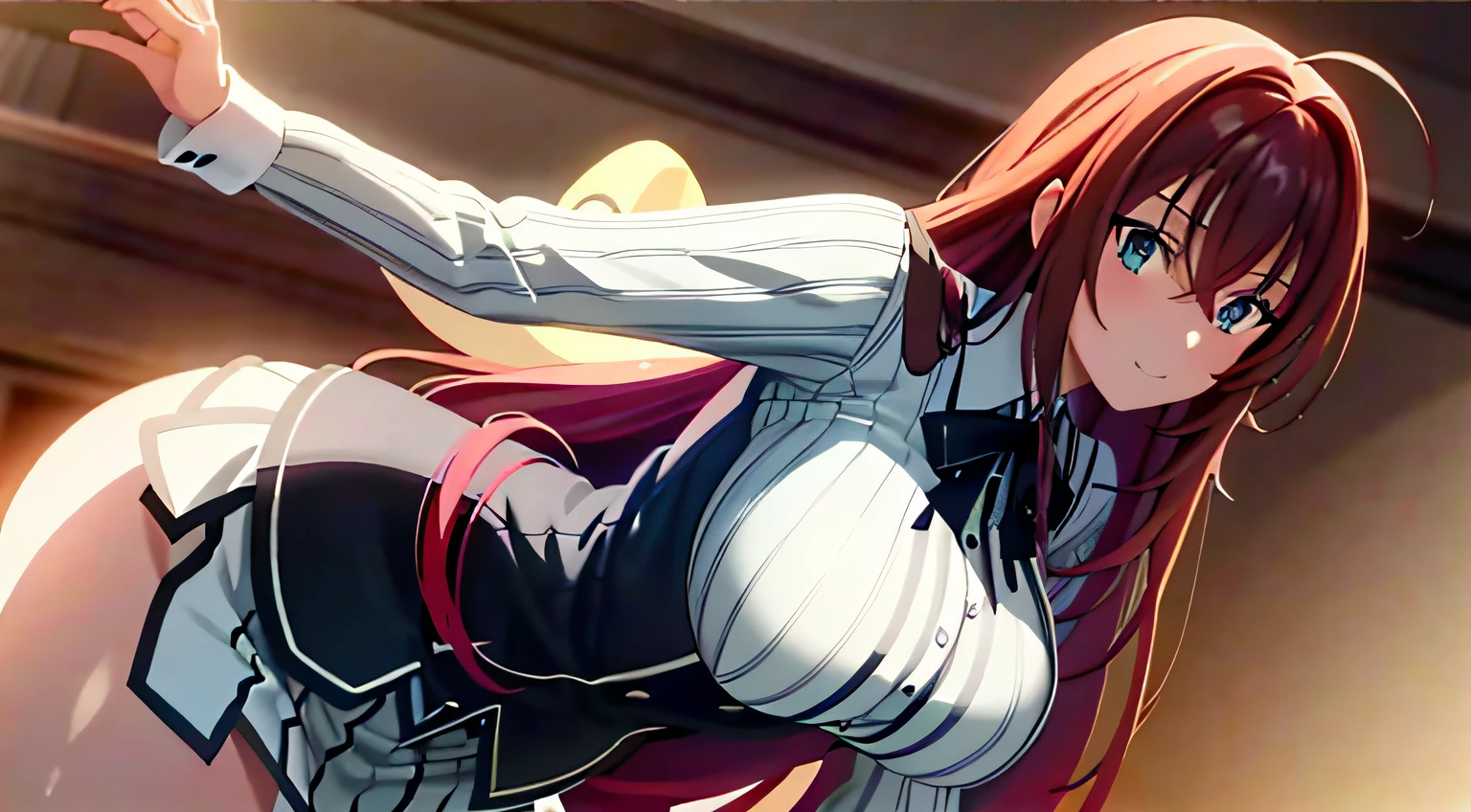 masterpiece, best quality, 1girl, long hair, looking at viewer, :3, cute, black , outdoors, streets, cowboy shot, large breasts, curvy, (((blue eyes))),  rias gremory, red hair, antenna hair,  wavy hair, ((beautiful detailed eyes, beautiful detailed glow, lots of glow)), anime screencap,