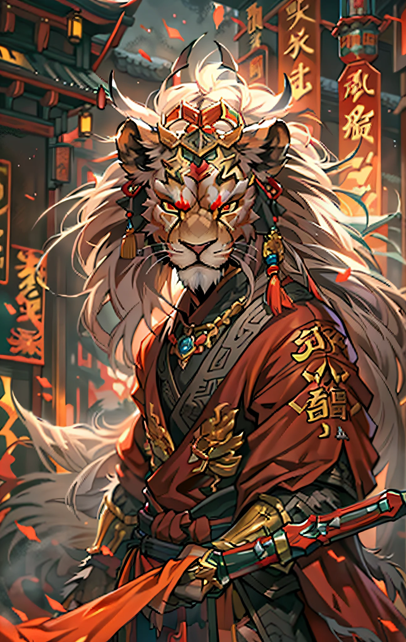 Guerriers lions, tout le corps comme，Gros plan d&#39;un guerrier lion tenant une épée dans la ville, Des yeux déterminés，féroce，Akira dans la mythologie chinoise, un commerçant degen majestueux et épique, bian lian, par Yang J., Guerrier chinois, lion de feu, Son Goku, cgsociety et fenghua zhong, inspiré par Li Kan, guerrier samouraï épique, Chat Guerrier, seigneur des bêtes, Manteau rouge en lambeaux，armure，PEINTURE CORPS ENTIER DEBOUT，cadre fantastique, Notion de personnage, art de personnage, Portrait de personnage, dessin animé, meilleure qualité, meilleure résolution, 4K, vif colors, vif, détail élevé, meilleur détail, pose confiante, extraverti, regarde d&#39;en bas, expression sérieuse