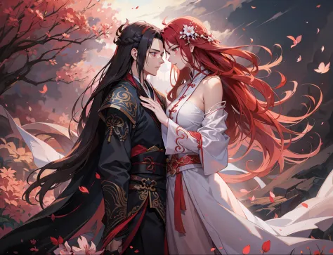couple, man and woman, extremely handsome guy with long brown hair and black and red outfit and no facial hair, extremely beautiful woman with long pink hair and white clothing, xianxia clothing, xianxia, fantasy, wuxia, dramatic and romantic pose, dramati...