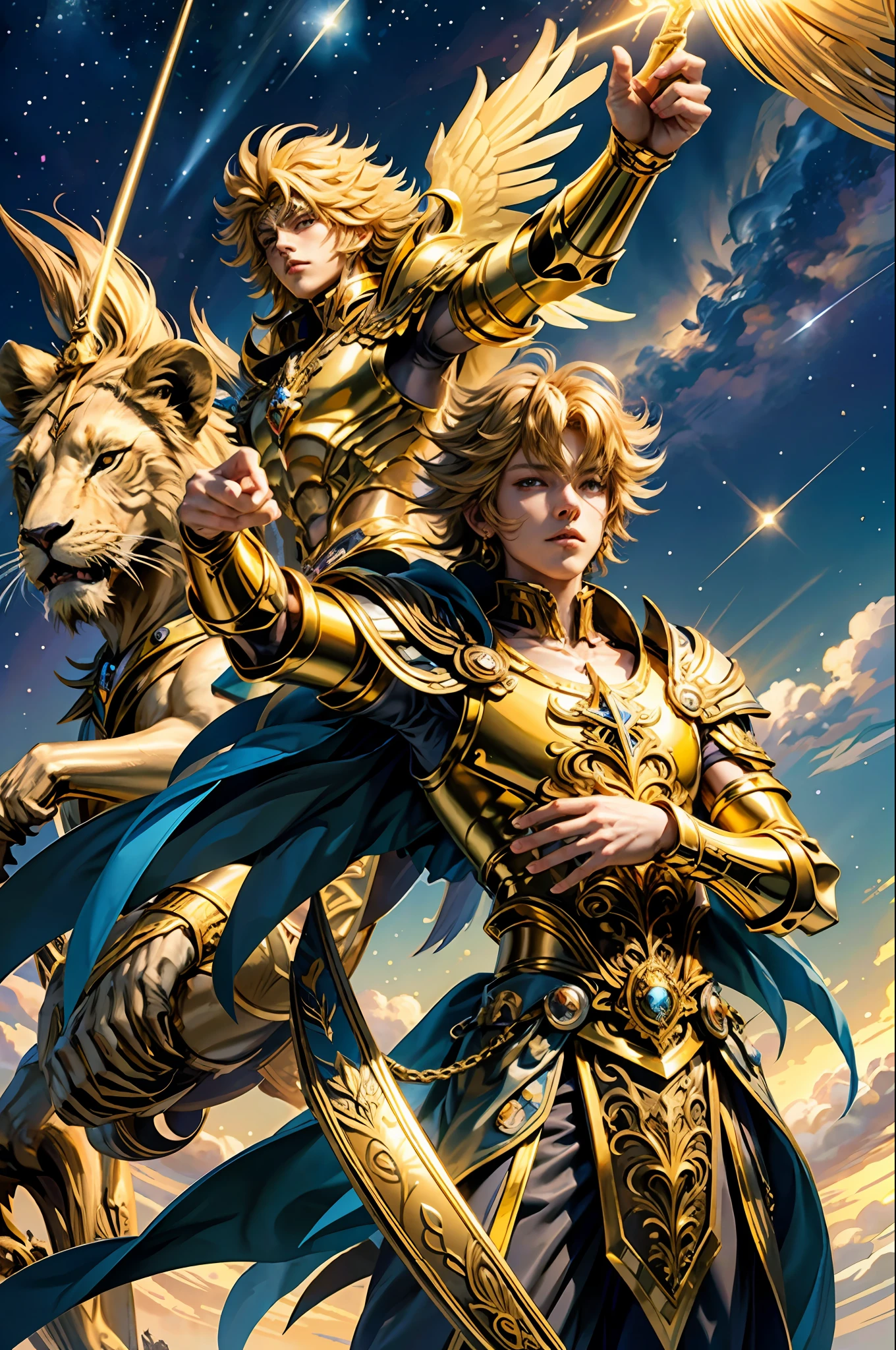 （tmasterpiece，top-quality，best qualityer，Use the magic golden Leo astrolabe，Yellow-haired people，Next to the lion，Knights of the Zodiac：Saint Seiya，llight rayagical，sci-fy，dream magical，wings，ray of lights，Water magic，