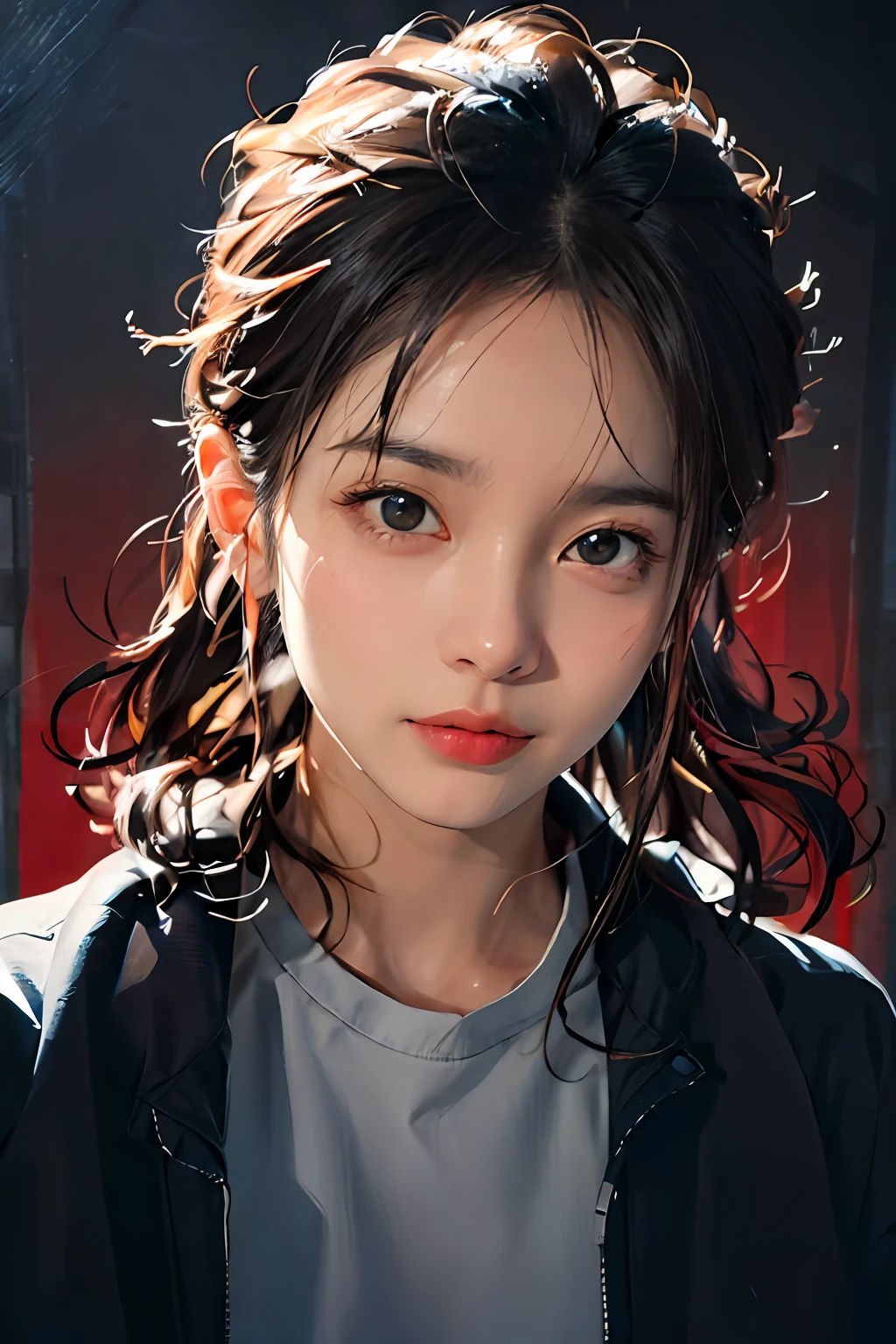 Close-up de uma mulher com uma jaqueta e camisa preta, impressionante retrato de rosto de anime, Retrato realista kawaii, realista cute girl painting, Arte em estilo Guviz, Um lindo retrato de anime, Retrato de rosto lindo, retrato de alta qualidade, retrato rosto bonito e fino, realista. Cheng Yi, retrato suave fotografado em 8k, 🤤 retrato de menina