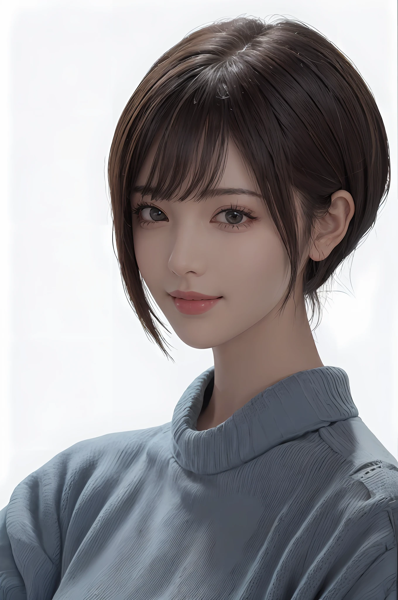 (masuter piece:1.3)、(In 8K quality、Photorealsitic、Raw photography、top-quality: 1.4)、(1girl in)、beautiful countenance、(Lifelike face)、(A dark-haired、Shorthair with bangs、short-hair:1.3)、short beautiful hairstyle、realisticeyes、Beautiful details、（real looking skin）、Beautiful skins、（Sweaters）、absurderes、enticing、超A high resolution、A hyper-realistic、high-detail、the golden ratio、Close your mouth and smile a little happily、long neck、Look firmly at the camera、Highlights in the eyes、((Immaculate white background with nothing really))