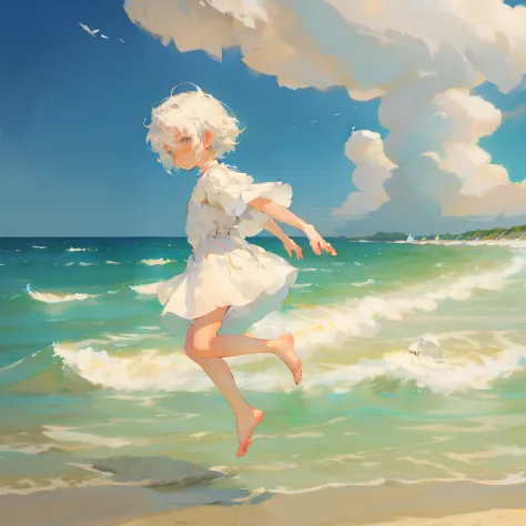4K), Cute 7 year old little boy with small feet and short legs with white hair and barefoot and white dress, Jumps on the beach and shows his feet, Regentag, Nebel Licht, Impressionismus, 2D, Feet in focus