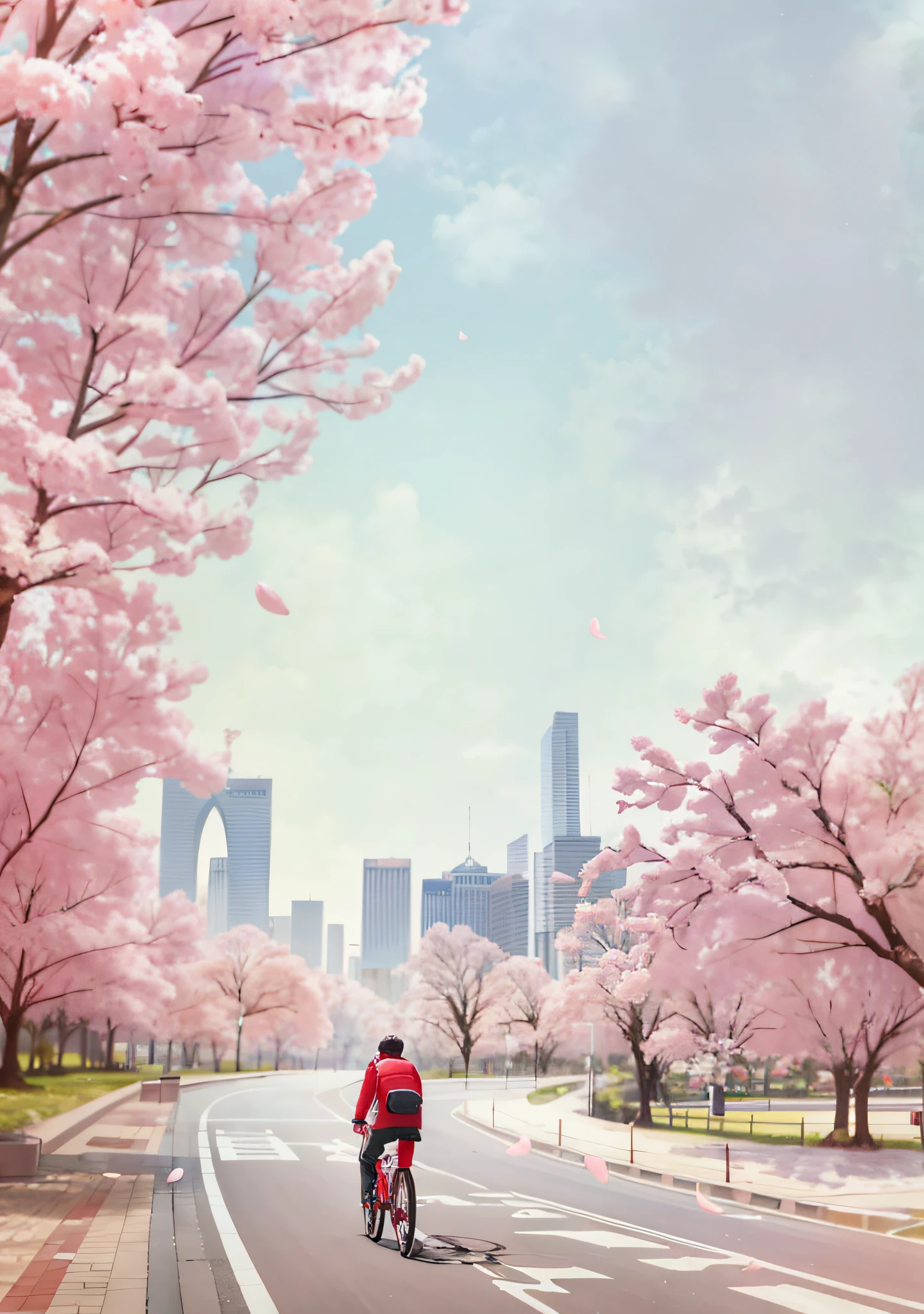 There was a man riding his bike on his way to the cherry blossom trees, spring season city, Beautiful image, author：Cheng Jiasui, sakura season, cherry blossom, Cherry blossom trees, inspired by Cheng Jiasui, sakura bloomimg, sakura season dynamic lighting, sakura, inspired by Fei Danxu, the cherry trees, Cherry blossoms, Suzhou, absolutely outstanding image，Pedestrians on the road