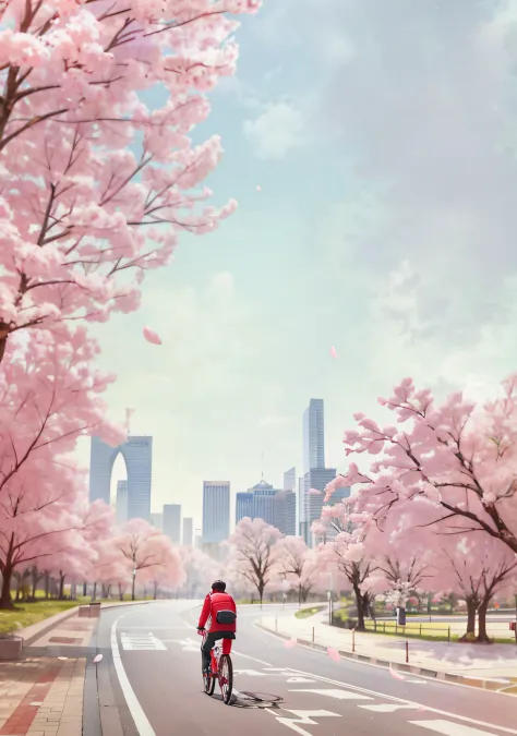 There was a man riding his bike on his way to the cherry blossom trees, spring season city, Beautiful image, author：Cheng Jiasui...