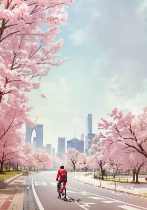 there was a man riding his bike on his way to the cherry blossom trees, spring season city, beautiful image, author：cheng jiasui...