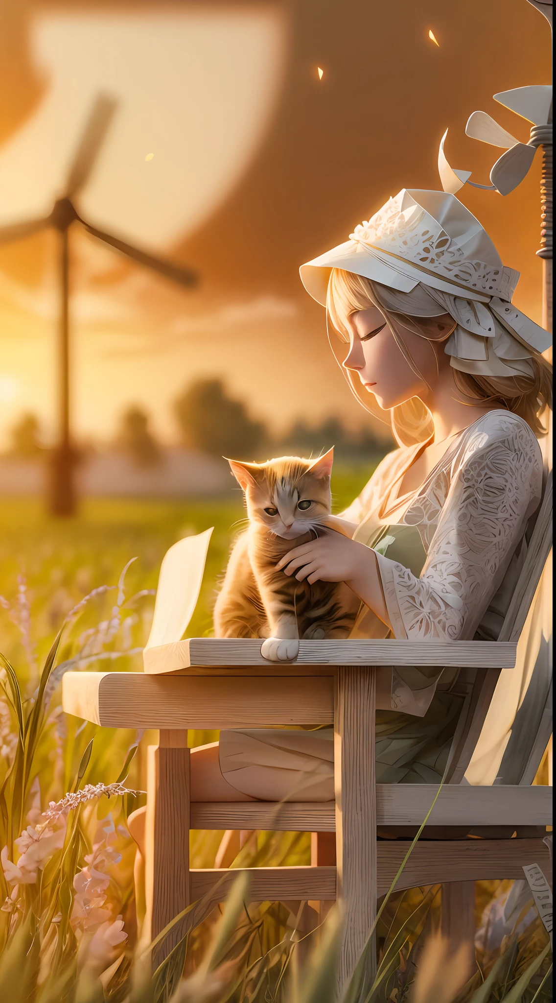 illustration: 1.3), paper art, 3D rendering of, Beautiful beauty sitting in chair with eyes closed, a kitten on the table, field, sunset, windmill, Best quality, Detailed details, Masterpiece, offcial art, movie light effect, 4K, Chiaroscuro , Flash