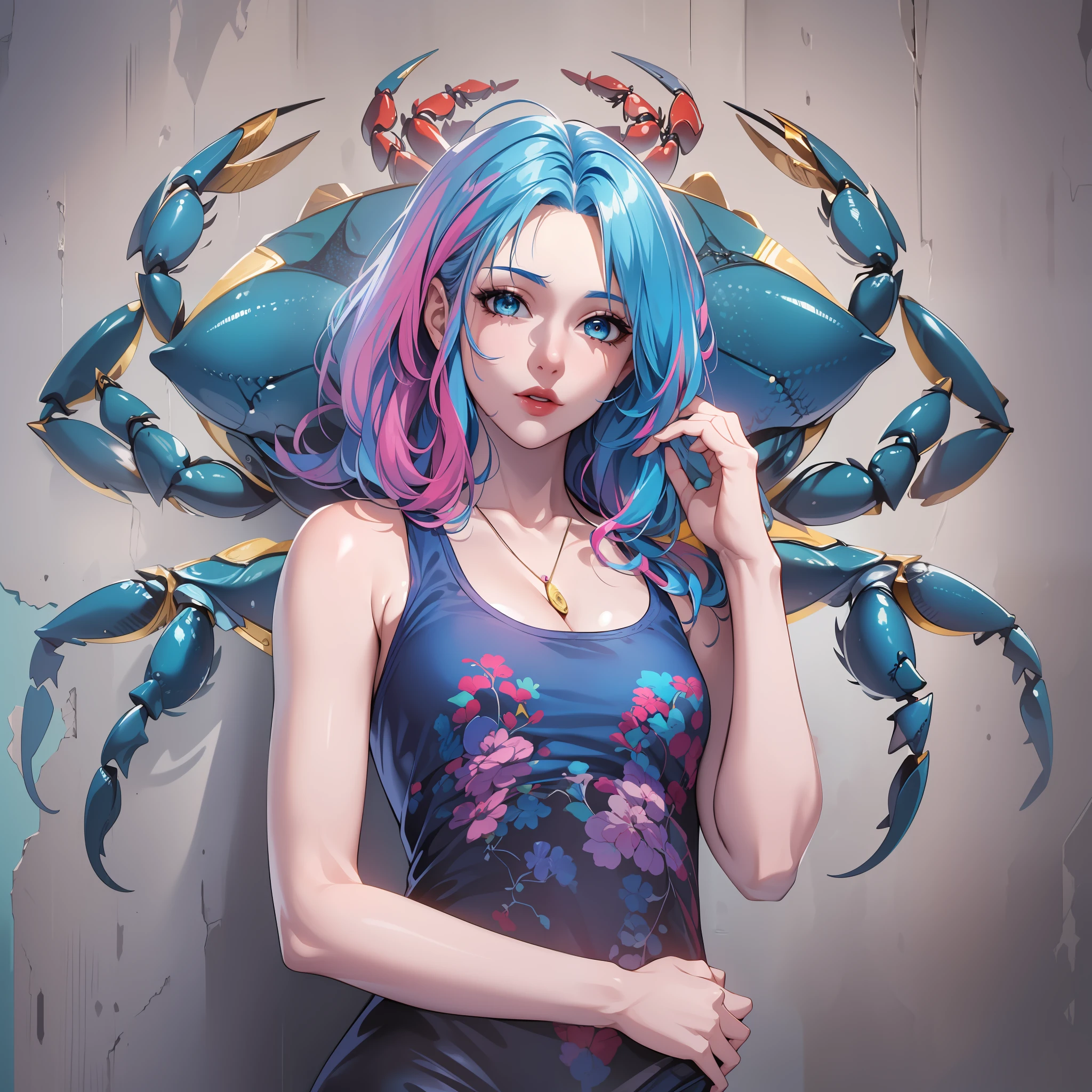 (Masterpiece, Advanced, super-fine, high resolution), 1girll, (Background, wall, Cancer wall sticker), (Blue hair), Crab next to it, (Cancer)，full bodyesbian，facing at camera