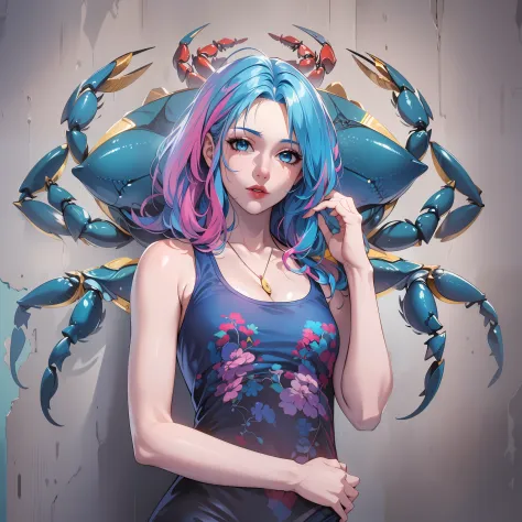 (Masterpiece, Advanced, super-fine, high resolution), 1girll, (Background, wall, Cancer wall sticker), (Blue hair), Crab next to...