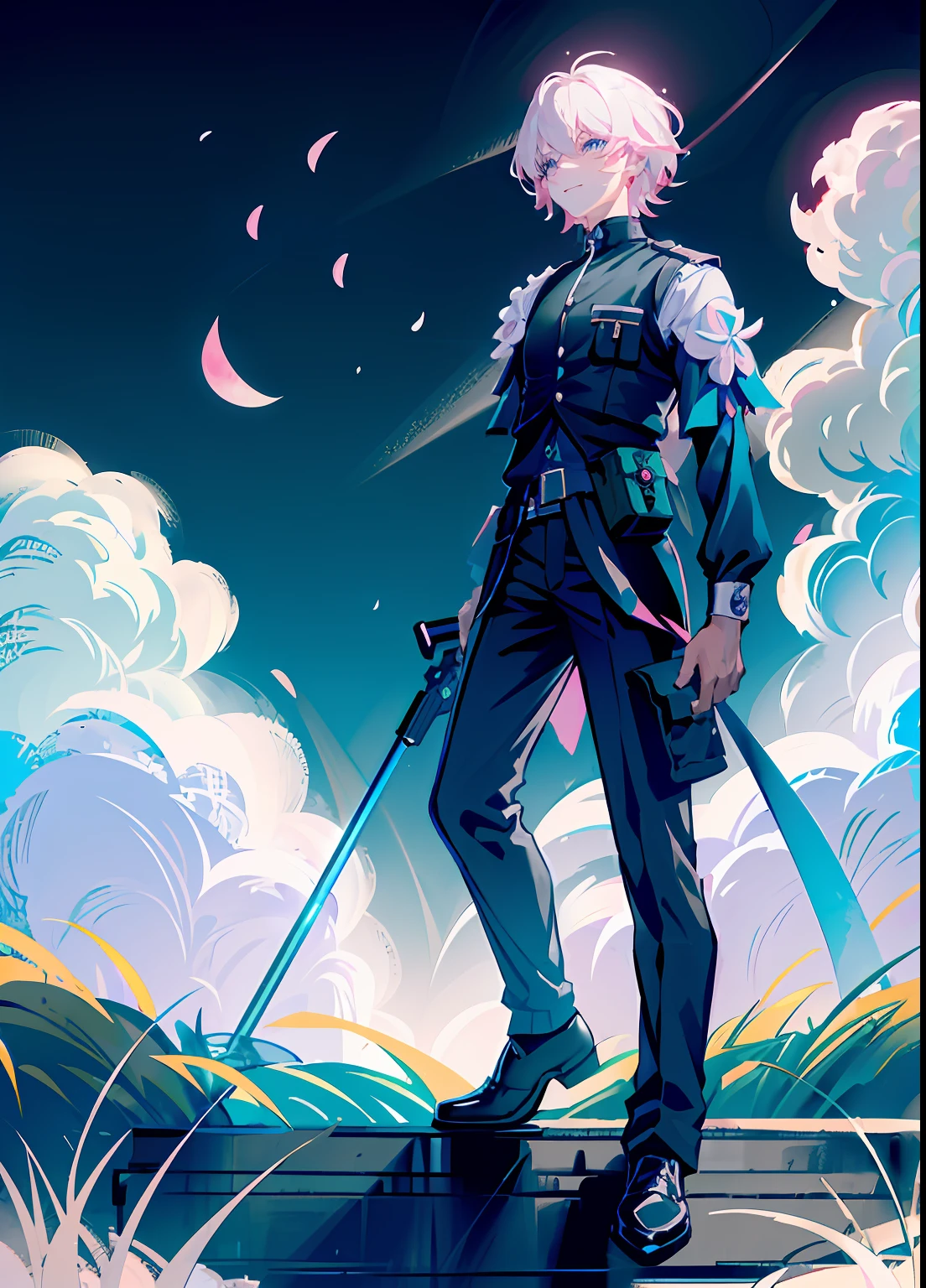 march 7th \(honkai: star rail\), 1boy, blue eyes, black tactile shoes, black_shirt, black_pants, black tactical vest, ice, long sleeves, short  hair, pink hair, solo, star \(symbol\), black shirt masterpiece, best quality, 1boy, (colorful),(finely detailed beautiful eyes and detailed face),cinematic lighting,bust shot,extremely detailed CG unity 8k wallpaper,white hair,solo,smile,intricate pants,((flying petal)),(Flowery meadow) sky, cloudy_sky, building, moonlight, moon, night, (dark theme:1.3), light, fantasy,