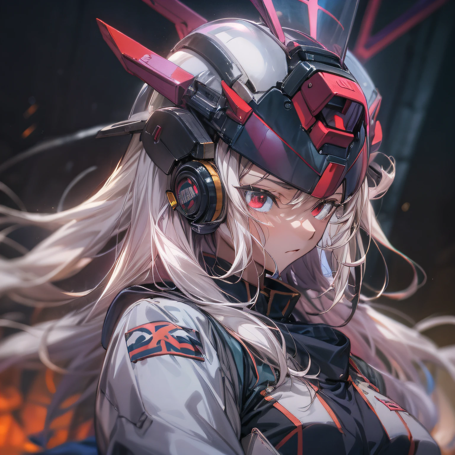 Close up , action shot, pilot uniform, Gundam, Witch from Mercury, fit girl, Pilot, wearing pilot helmet, vibrant, anime girl with red eyes and long white hair,, anime, anime style, 2D, dramatic, dark, sharp focus, 8k.medium shot, intricate, indoor lighting, artstation, detailed, studio photo, intricate details, highly detailed, --auto