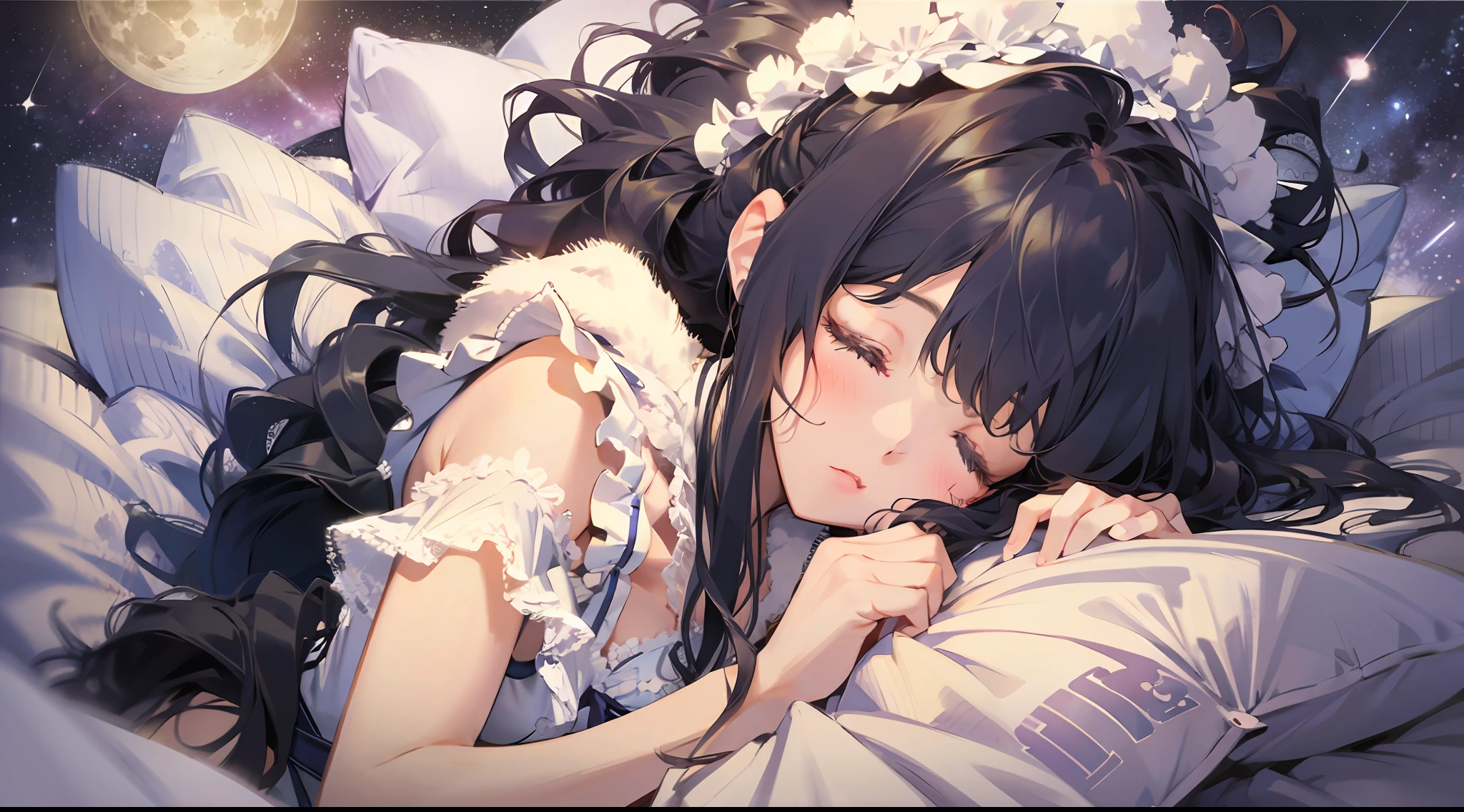 SFW, cute, 1girl, cozy, moon, moonlight, bedroom, sleepwear, pajamas, starry sky, stars, galaxy, counting sheeps in a dream, dreamy princess, sleepy, sleep, snore, snooze,animal ears, sleep mask on head, sleepmask, cute, ruffles, lace, ribbons, neon, nightlight, kawaii, adorable, pixiv, cutesy,