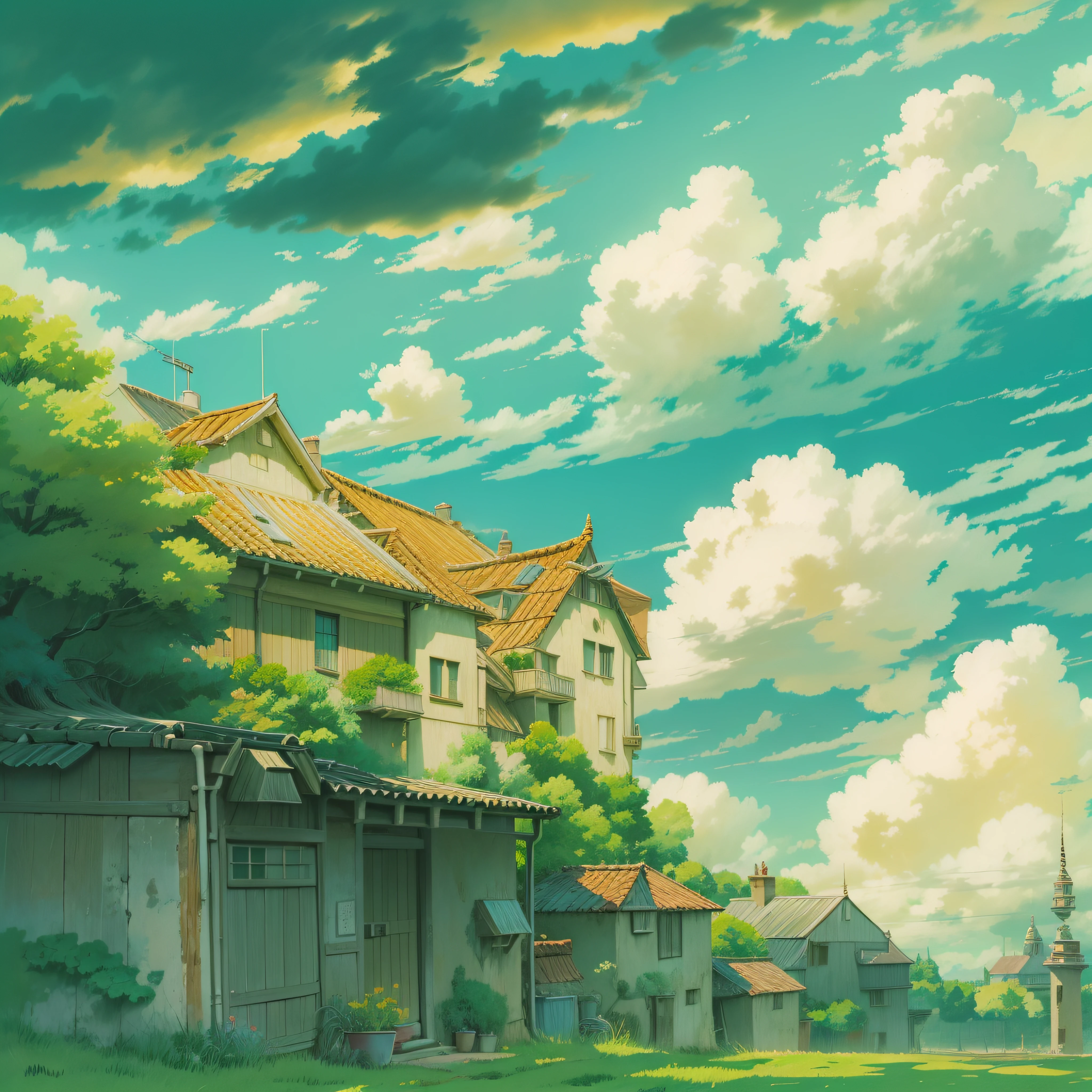 animesque、Skyscape with clouds、Landscape without buildings、You can see the touch of the brush、Studio Ghibli、Ghibli、Scenery、Style、Golden Time、sky line、The sky is covered with clouds、Deities々Shikai