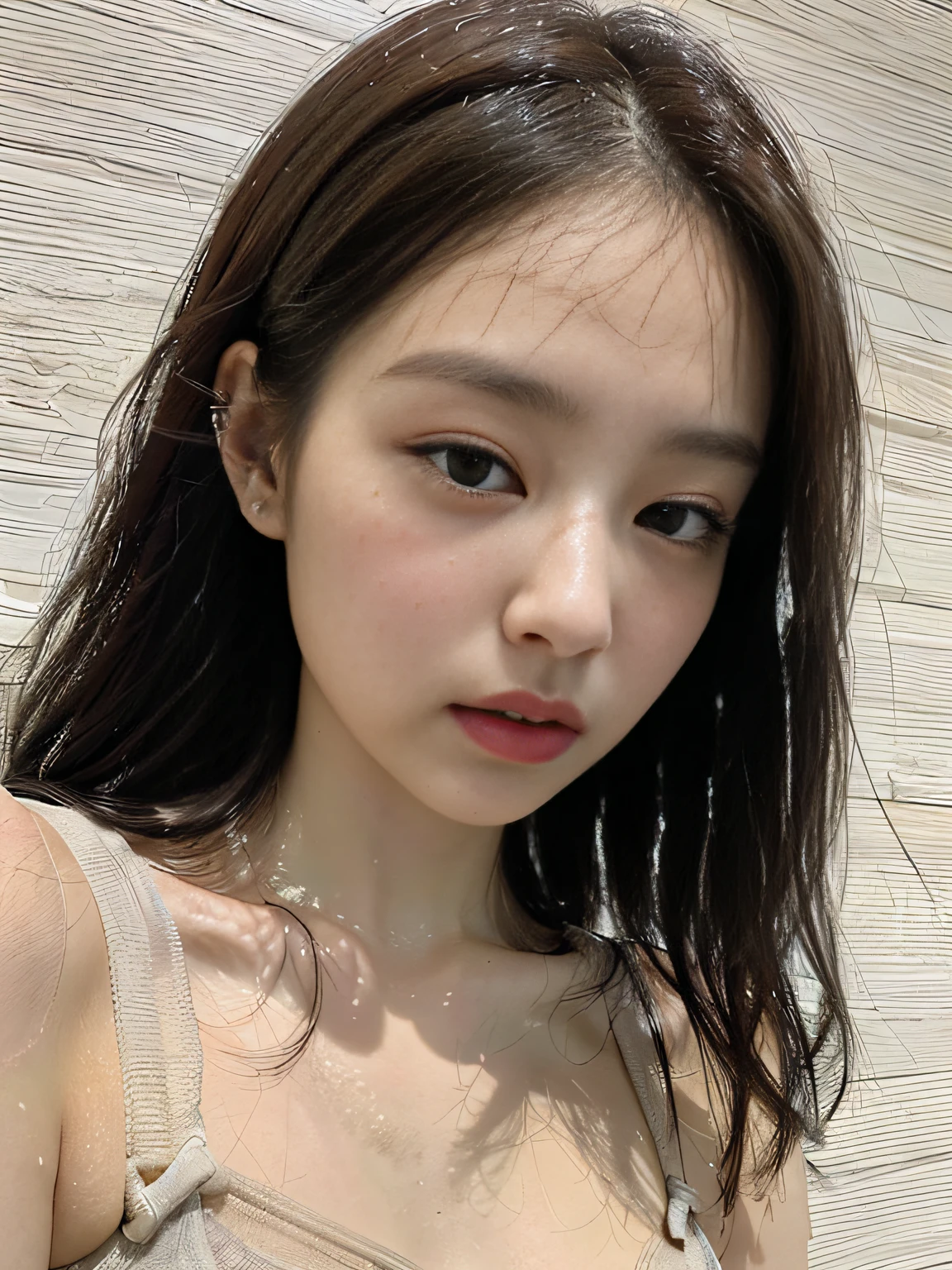 (1 menina:1.3), Sozinho,__Partes do corpo__, Rosto de Kim Ji-ni Jennie，Iluminação fotográfica，vestido deslizante，oco，tiras，Criado sexy，forte contraste，Luz solar no rosto，Rosto cansado do mundo，Sentido avançado，Olhos indiferentes，Macio，Cimento de fundo de cinza， Imagem com resolução de 8k，detalhes simétricos intrincados。