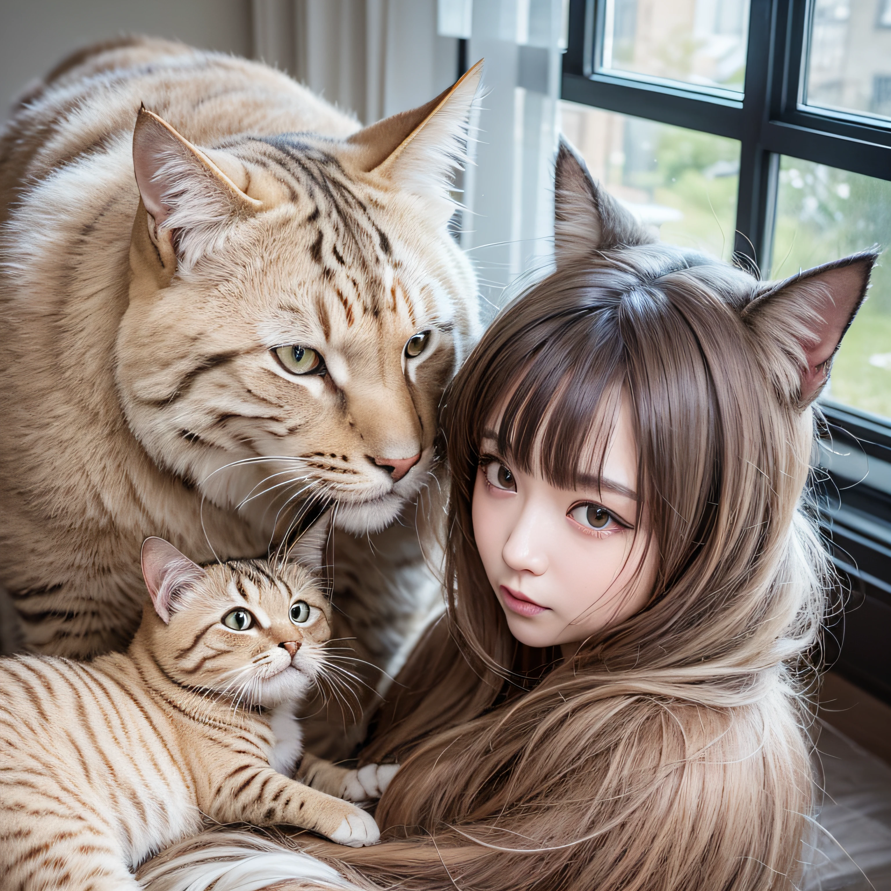 hightquality, top-quality, Photorealsitic, Raw photo, realisitic, in 8K, ultra-detailliert, high-detail, ​masterpiece, catss、Maine、Beautiful scenes in the room、Soft lighting、Elegant atmosphere、Gentle shades、Characteristic facial expressions of cats、Fluffy coat、plush furnishings、Warm indoor environment、Happy moments。