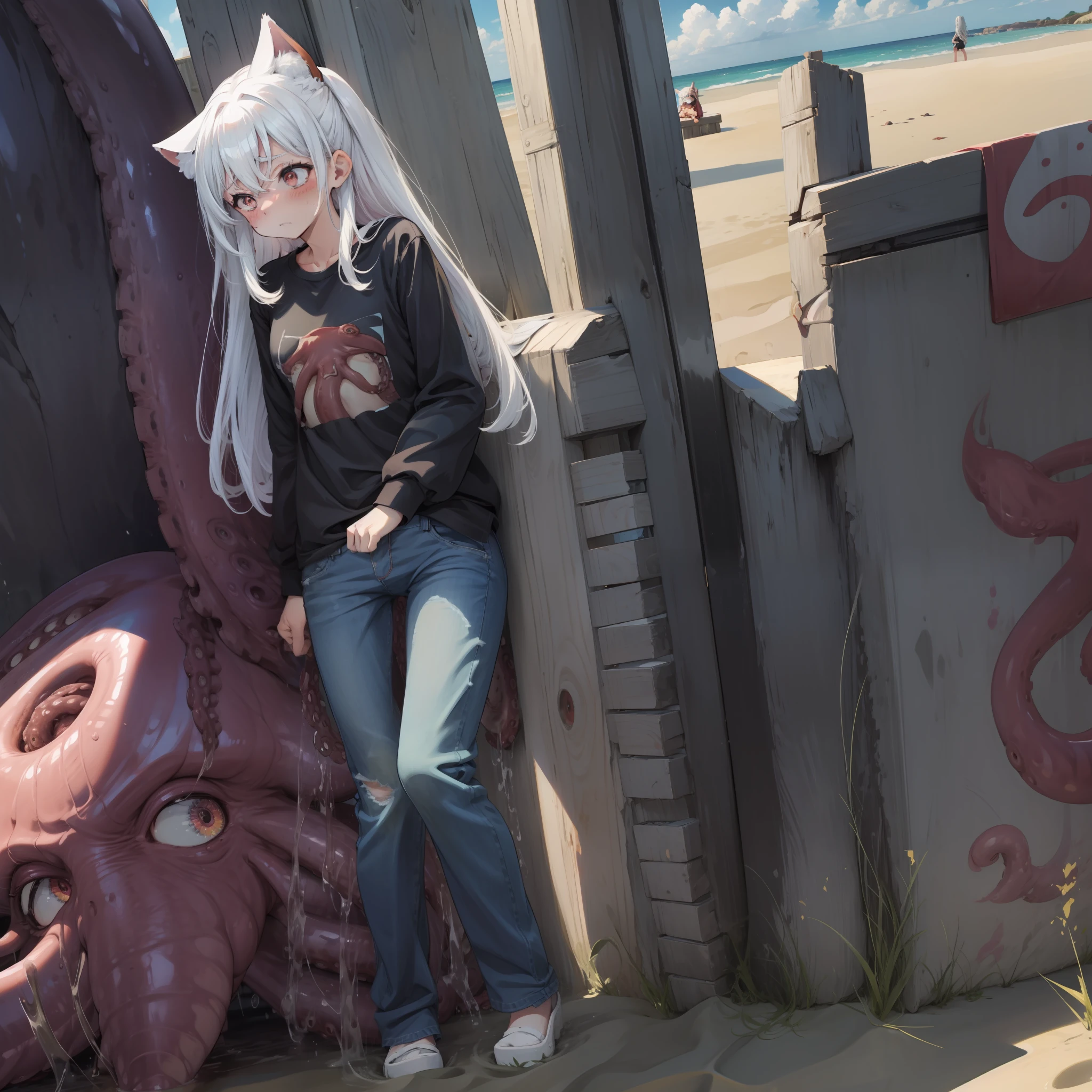 one girls、sand beach、obscenity、Metamorphosis、small head、white  hair、Cat's ears、Big red eyes、red blush、The look of despair、涎、Spit、お漏らし、Beautiful abs、Black shirt、jeans、discreet breasts、Tentacles are touching the chest、Super giant octopus、Touching the crotch