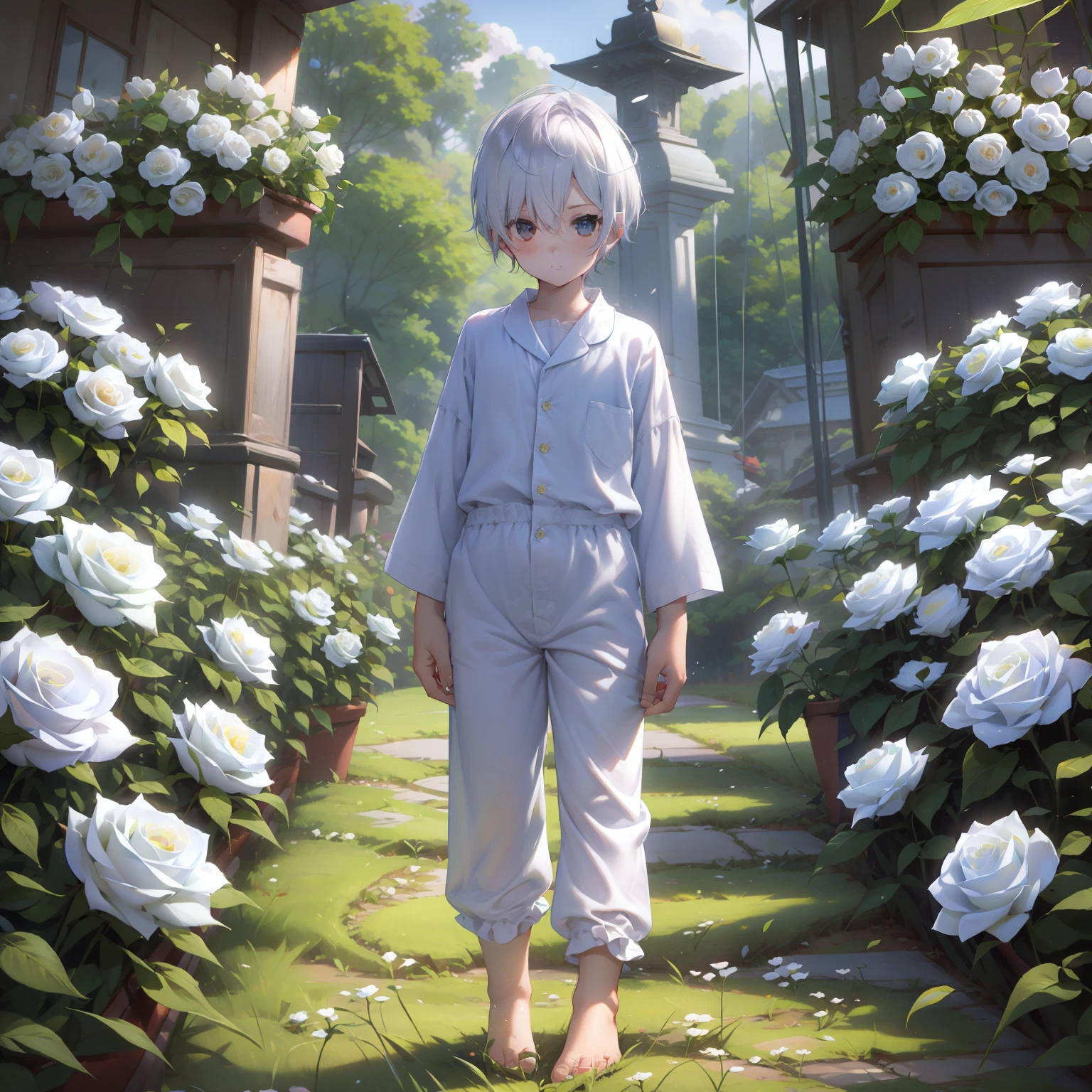 4K), Cute 7 year old little boy with white hair and barefoot and romper pajamas, He stands in a field of flowers and shows his feet, which is covered with white roses, und betet, Regentag, Nebel Licht, Impressionismus, 2D, (Dornen: 1.1), (toter Baum: 1.1) Focused on the feet,