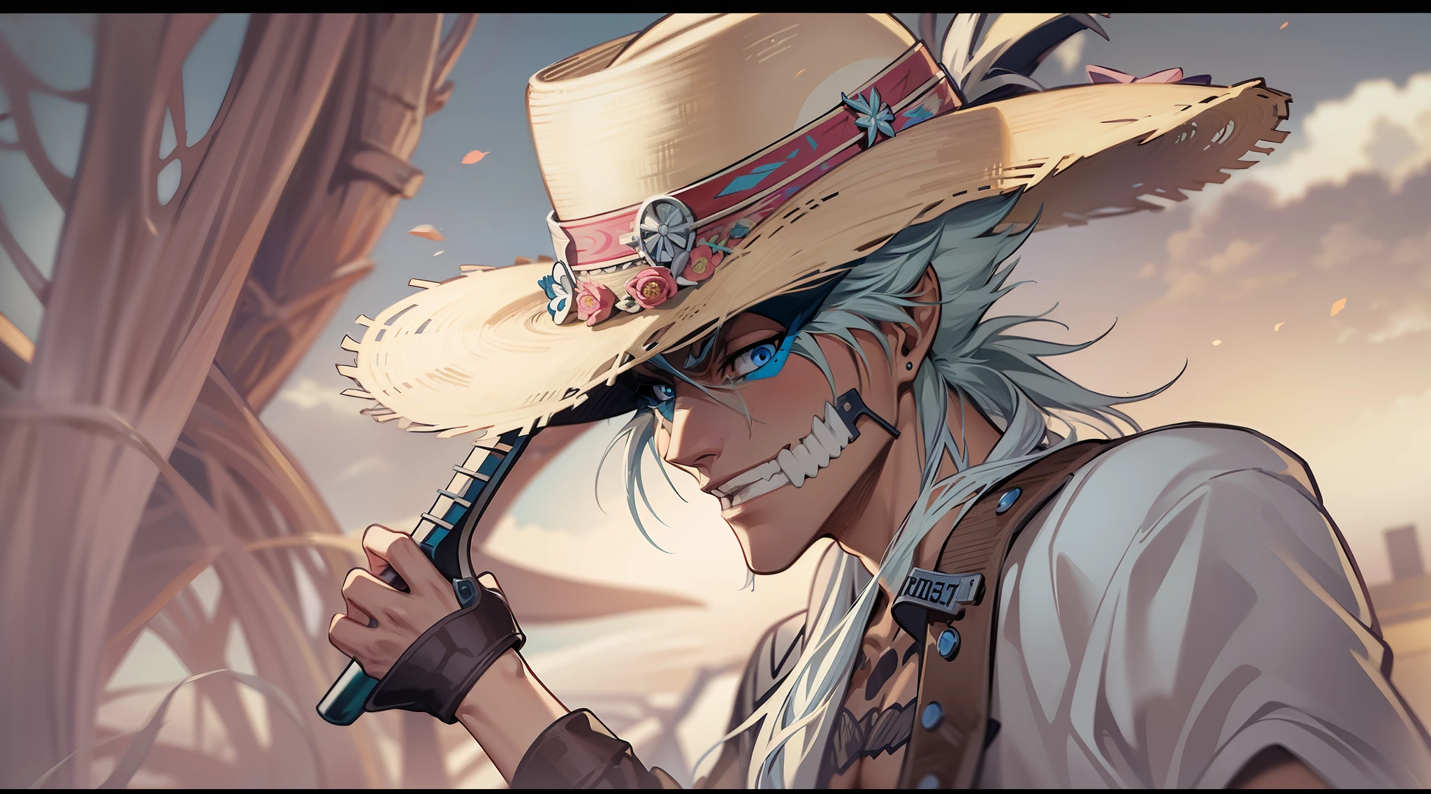 Grimmjow usando um chapéu de palha com um banjo no Velho Oeste de Hueco Mundo, melhor qualidade, estilo anime, Estilo Tite Kubo, estilo alvejante