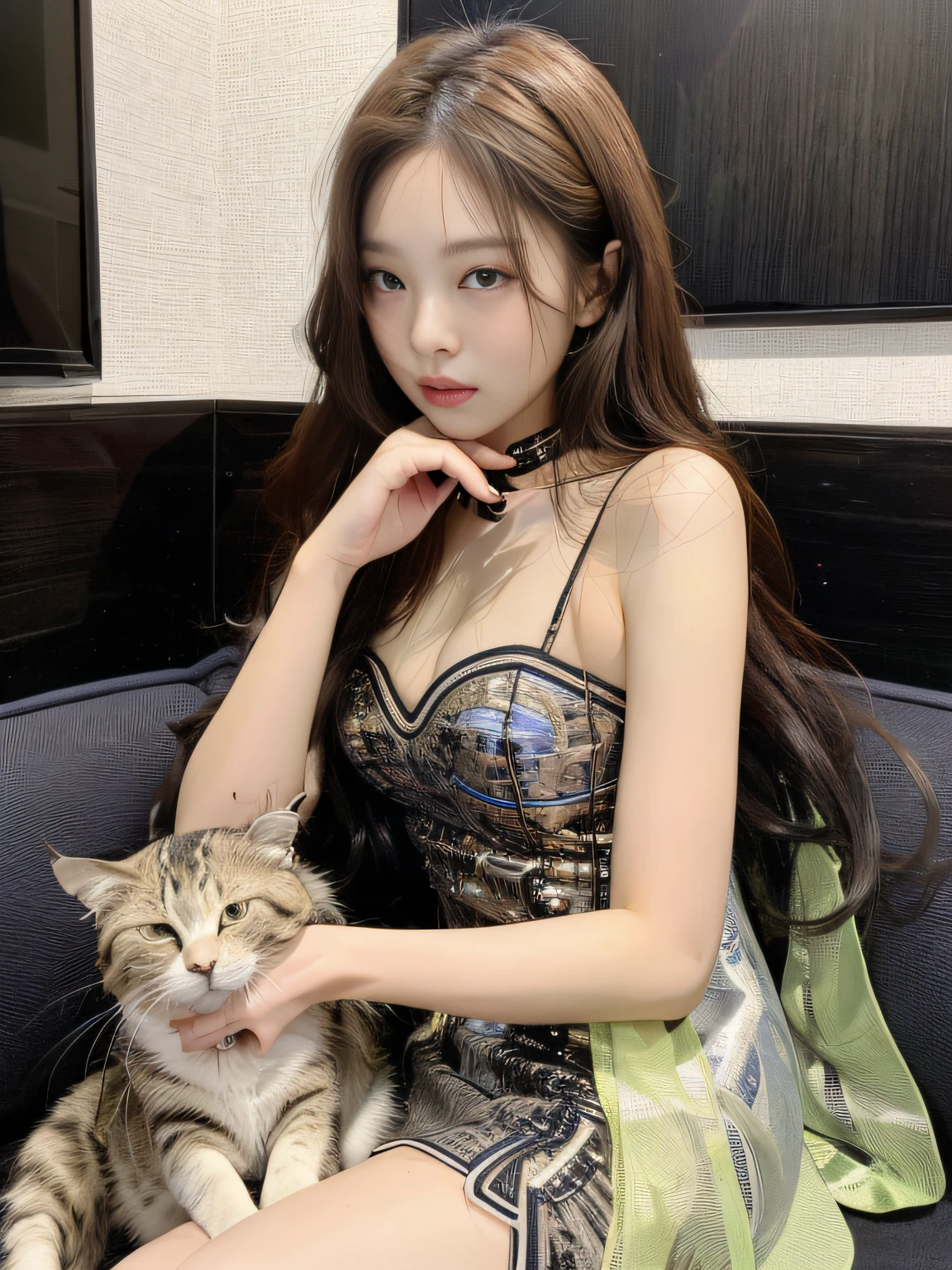 ((Night view, realistic light, best quality, 8k, masterpiece: 1.3)), 1girl, slender beautiful woman, holding a long-haired cat with white hair all the time in both hands, cute Garfield, brown hair, wearing green cheongsam, embroidered, sleeveless, sexy, cleavage, split end, long legs, sitting on the sofa, super detailed face, detailed eyes, double eyelids