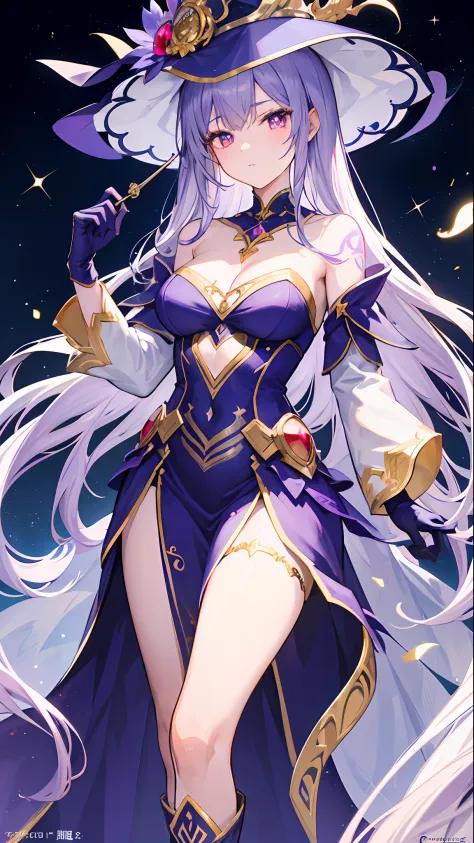 1girll, sorceress woman，red pupils，Gorgeous Hair in Long Purple，flowy，crisp breasts，Toned Thighs，Red tattoo on the thigh，Purple wizard hat，Golden decoration，Purple bandeau dress，Golden decoration，White long-sleeved gloves，White lace knee-length boots，Surro...