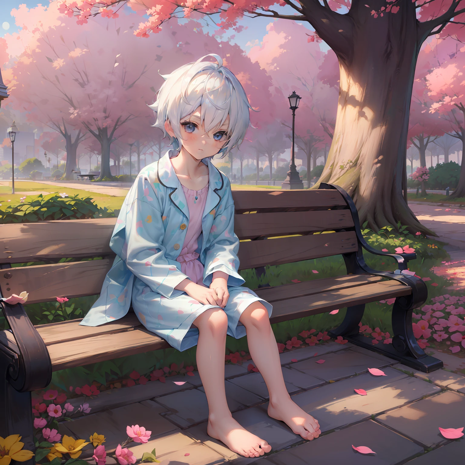 4K), Cute 7 year old little boy with white hair and barefoot and romper pajamas, He sits on a bench in the park and shows his feet, und betet, Regentag, Nebel Licht, Impressionismus, 2D, (Dornen: 1.1), (toter Baum: 1.1) Focused on the feet,