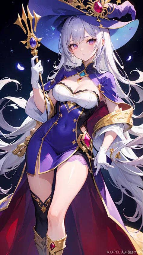 1girll, sorceress woman，red pupils，Gorgeous Hair in Long Purple，flowy，crisp breasts，Toned Thighs，Red tattoo on the thigh，Purple wizard hat，Golden decoration，Purple bandeau dress，Golden decoration，White long-sleeved gloves，White lace knee-length boots，Surro...