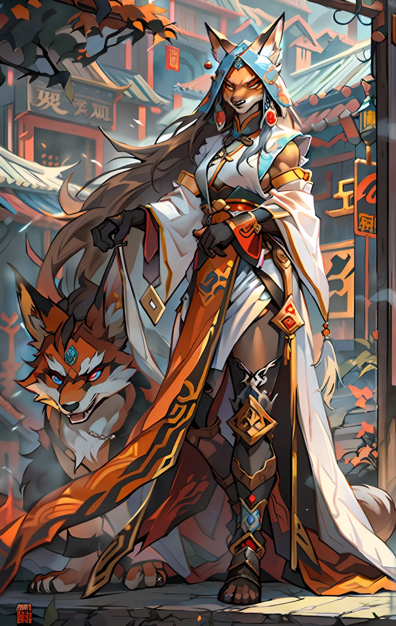 Fox Mage, Full body like，Close-up of the fox mage in the city, Seductive eyes，Fierce，Akira in Chinese mythology, an epic majestical degen trader, bian lian, by Yang J, Chinese Warrior, Anthropomorphic mage fox, Daughter Goku, cgsociety and fenghua zhong, inspired by Li Kan, Epic Mage, Fox warrior woman, White tattered cloak，Armour，Full body standing painting，Fantasy setting, character concept, character art, Character portrait, Cartoon, Best quality, Best resolution, 4K, Vivid colors, Vivid, High detail, best detail, confident pose, extrovert, look from down,