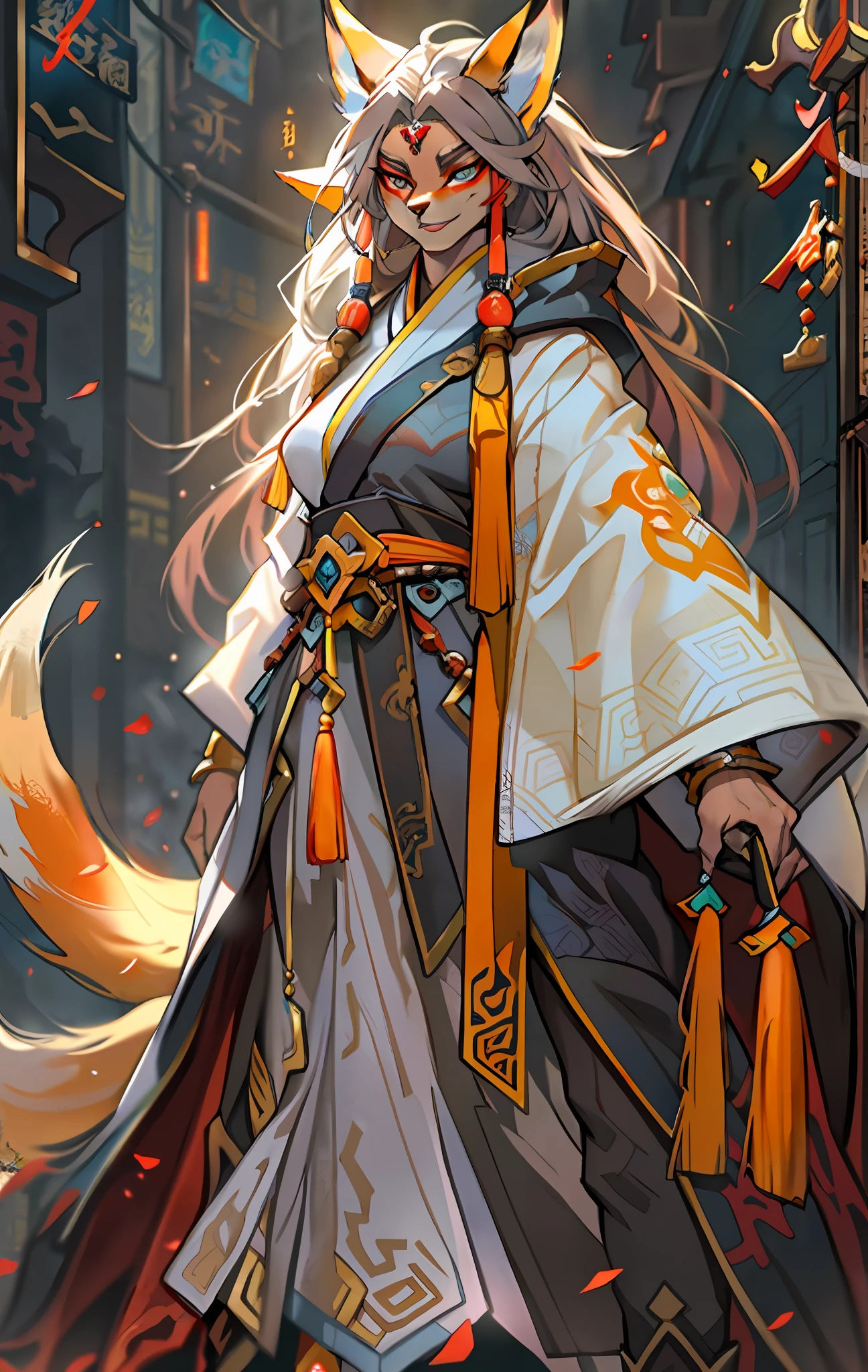 Fox Mage, Full body like，Close-up of the fox mage in the city, Seductive eyes，Fierce，Akira in Chinese mythology, an epic majestical degen trader, bian lian, by Yang J, Chinese Warrior, Anthropomorphic mage fox, Daughter Goku, cgsociety and fenghua zhong, inspired by Li Kan, Epic Mage, Fox warrior woman, White tattered cloak，Armour，Full body standing painting，Fantasy setting, character concept, character art, Character portrait, Cartoon, Best quality, Best resolution, 4K, Vivid colors, Vivid, High detail, best detail, confident pose, extrovert, look from down,