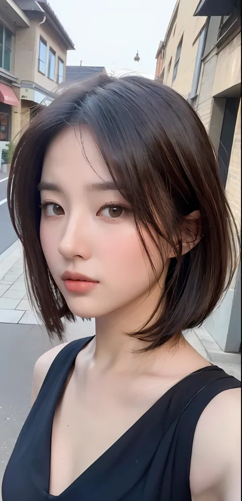 ((Best quality, 8k, Masterpiece :1.3)), Sharp focus: 1.2, Perfect Body Beauty: 1.4, big breast, Slim Abs: 1.2, ((Layered hairstyle: 1.2)), (unbuttoned blouse :1.1), (Street: 1.2), Highly detailed face and skin texture, Fine eyes, Double eyelids