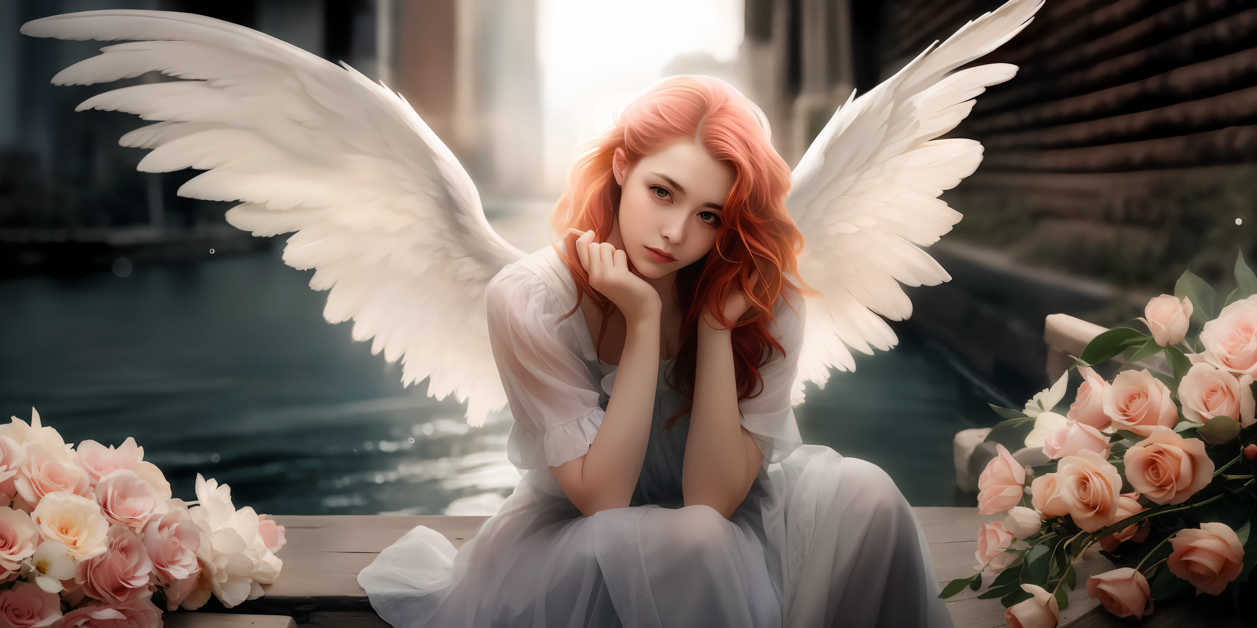 There was a woman with red hair and white wings sitting by the river ...