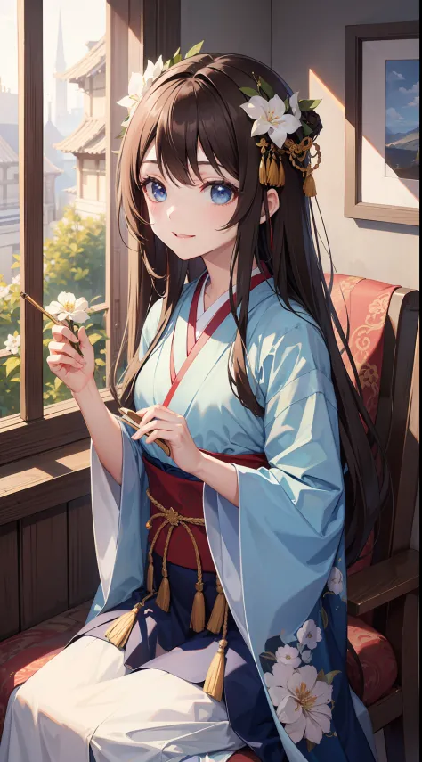 young girl, Long brown hair, Two beams, blue eyes, hanfu, ssmile, flute, Masterpiece, hiquality