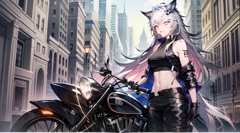 original_outfits,1girl,solo,ground_vehicle, motor_vehicle, motorcycle,pale-skinned_female, long_hair,boots, pants, navel, crop_t...