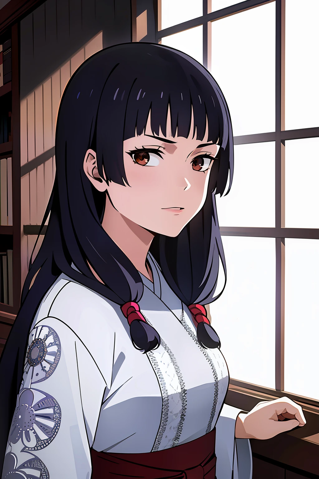 masutepiece, ((hyper detailed background, Delicate pattern, intricate detailes)), (Highly detailed, Fine details), Best Quality, Beautiful lighting, ((medium breasts, Slim Girl)), songstress, 1girl in, Solo, Black hair, Long hair, Brown eyes, komono, Twin-tailed, shrine maiden, Blunt bangs, Red Hakama, intricate detailed background, Inside, castle room environment, a medieval castle, Gray walls, window, bookshelf, (close-up, Portrait),