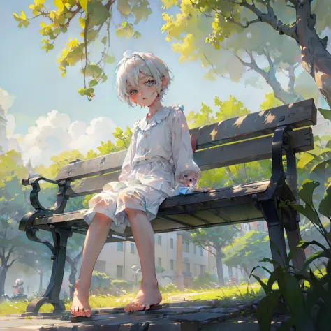 4K), Cute 7 year old little boy with white hair and barefoot and romper pajamas, He sits on a bench in the park and shows his fe...