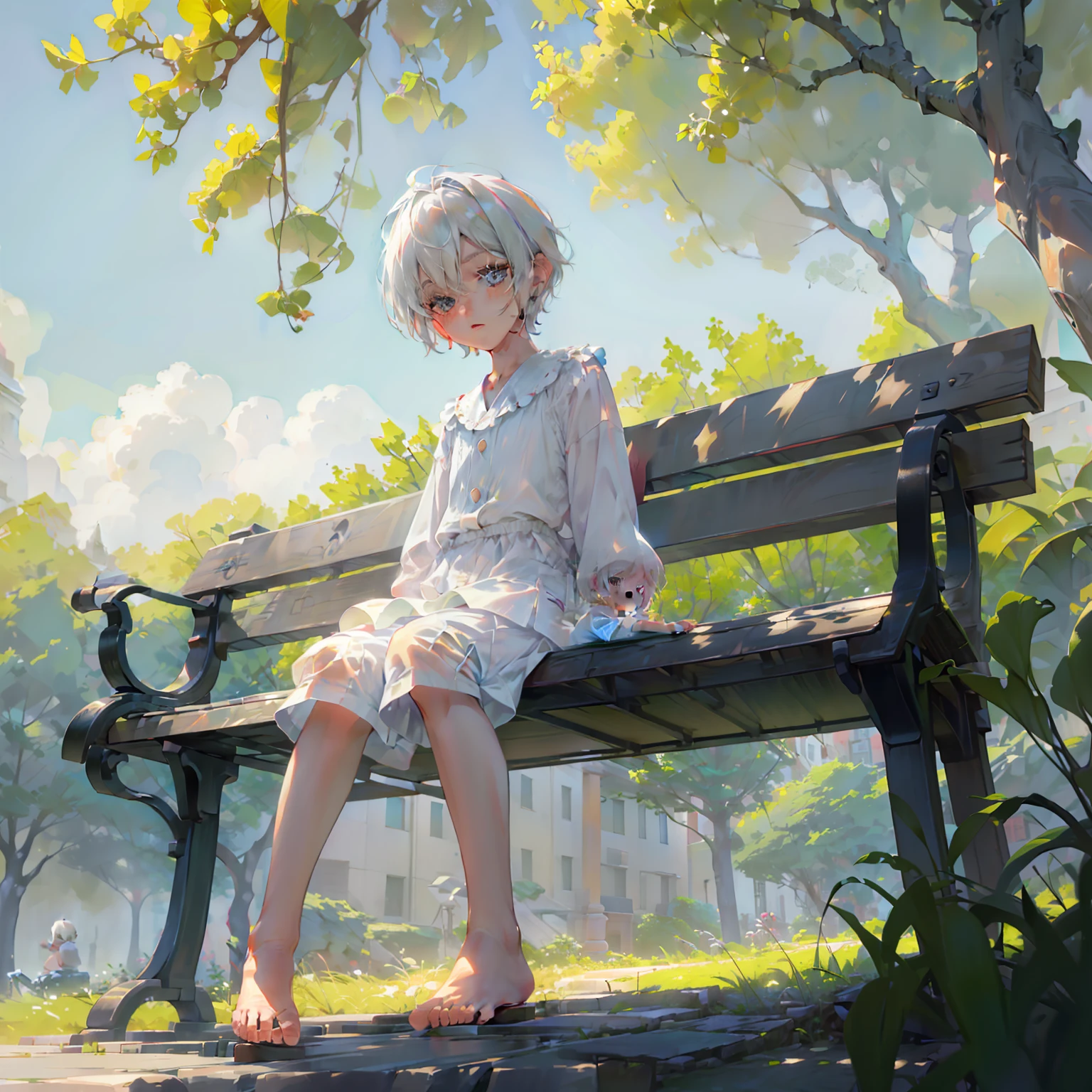 4K), Netter 7-jähriger kleiner Junge mit weißen Haaren und Barfuß- und Strampelpyjama, Er sitzt auf einer Bank im Park und zeigt seine Füße, und betet, Regentag, Nebel Licht, Impressionismus, 2D, (Dornen: 1.1), (toter Baum: 1.1) Fokussiert auf die Füße,