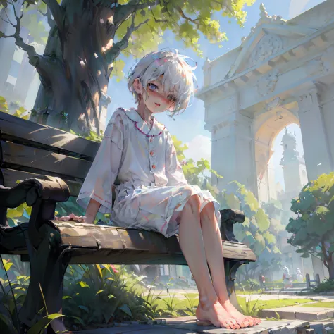 4K), Cute 7 year old little boy with white hair and barefoot and romper pajamas, He sits on a bench in the park and shows his fe...