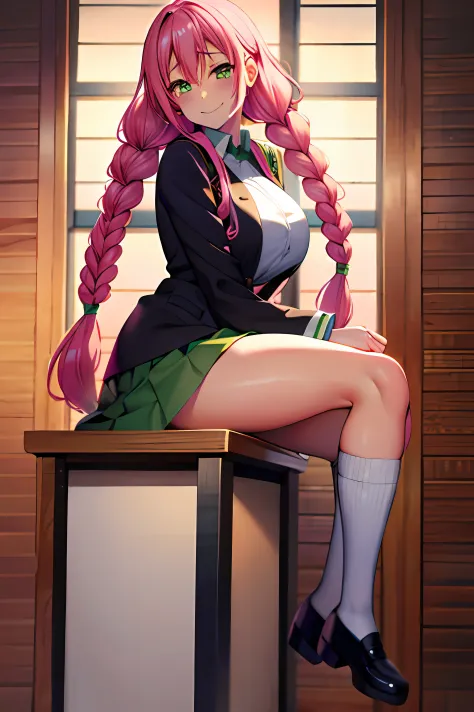 8k high definition, Mitsuri Kanroji, pink hair, green hair, braids, huge natural breasts, seductive pose, shy embarrassed smile,...