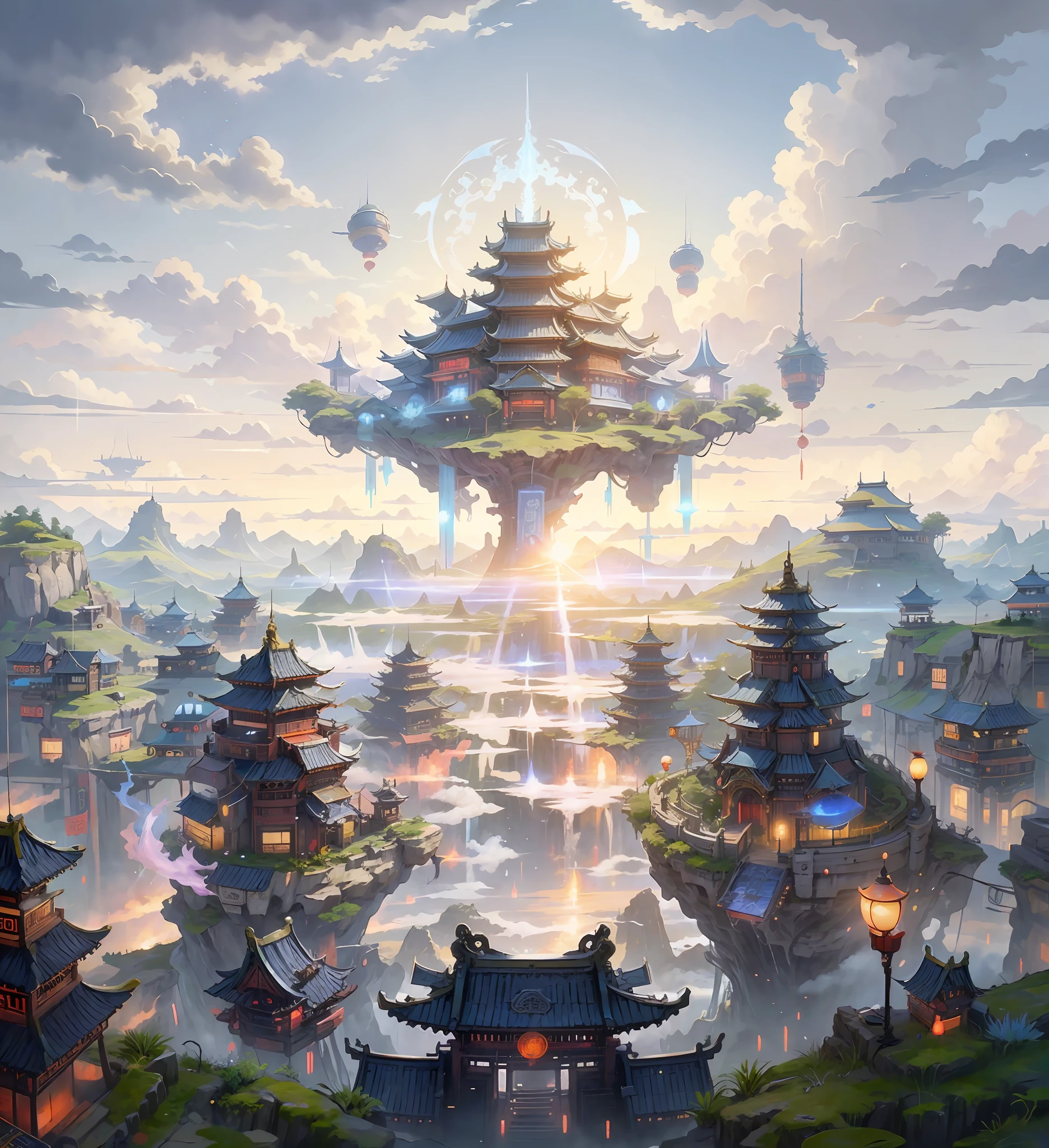 Monde immortel, île aux fées, Royaume du ciel, tons bleus et blancs, style science-fiction, Architecture chinoise ancienne