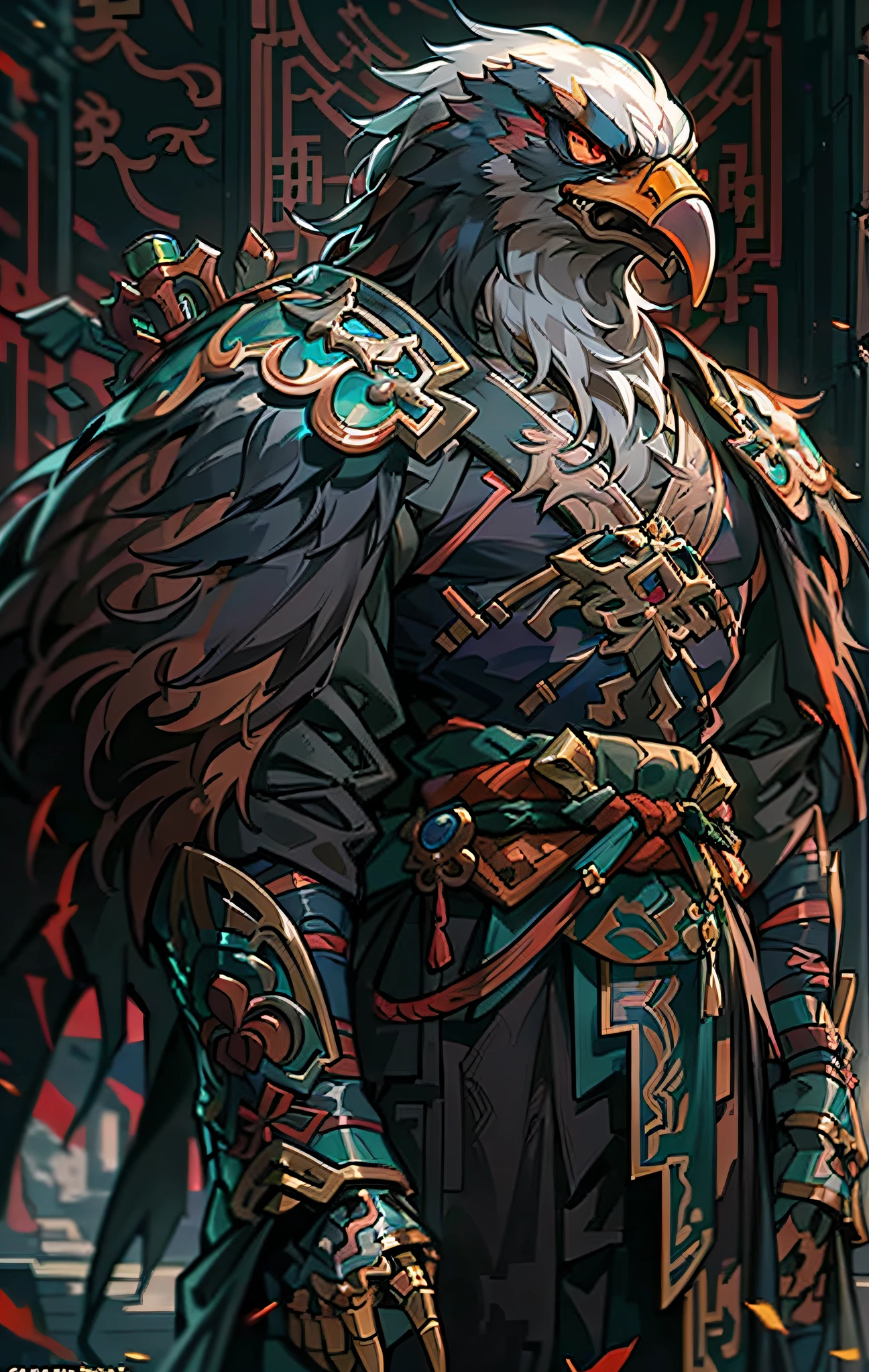 Eagle Assassins, Full body like，Close-up of Eagle Assassin in the city, Determined eyes，Fierce，Akira in Chinese mythology, an epic majestical degen trader, bian lian, by Yang J, Chinese Warrior, Anthropomorphic Assassin Eagle, Son Goku, cgsociety and fenghua zhong, inspired by Li Kan, Epic Assassin Warrior, Eagle Assassins, Black tattered cloak，Armour，Full body standing painting，Fantasy setting, character concept, character art, Character portrait, Cartoon, Best quality, Best resolution, 4K, Vivid colors, Vivid, High detail, best detail, confident pose, extrovert, look from down,