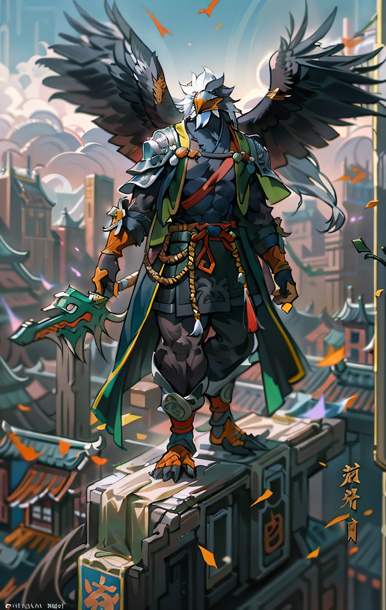 Assassins d&#39;aigle, Tout le corps comme，Gros plan d&#39;Eagle Assassin dans la ville, Des yeux déterminés，féroce，Akira dans la mythologie chinoise, un commerçant degen majestueux et épique, bian lian, par Yang J., Guerrier chinois, Aigle assassin anthropomorphe, son Goku, cgsociety et fenghua zhong, inspiré par Li Kan, Guerrier assassin épique, Assassins d&#39;aigle, Cape noire en lambeaux，armure，PEINTURE CORPS ENTIER DEBOUT，cadre fantastique, Notion de personnage, art de personnage, Portrait de personnage, dessin animé, Meilleure qualité, meilleure résolution, 4k, Vif colors, Vif, Détails élevés, meilleur détail, pose confiante, extraverti, regarde d&#39;en bas,