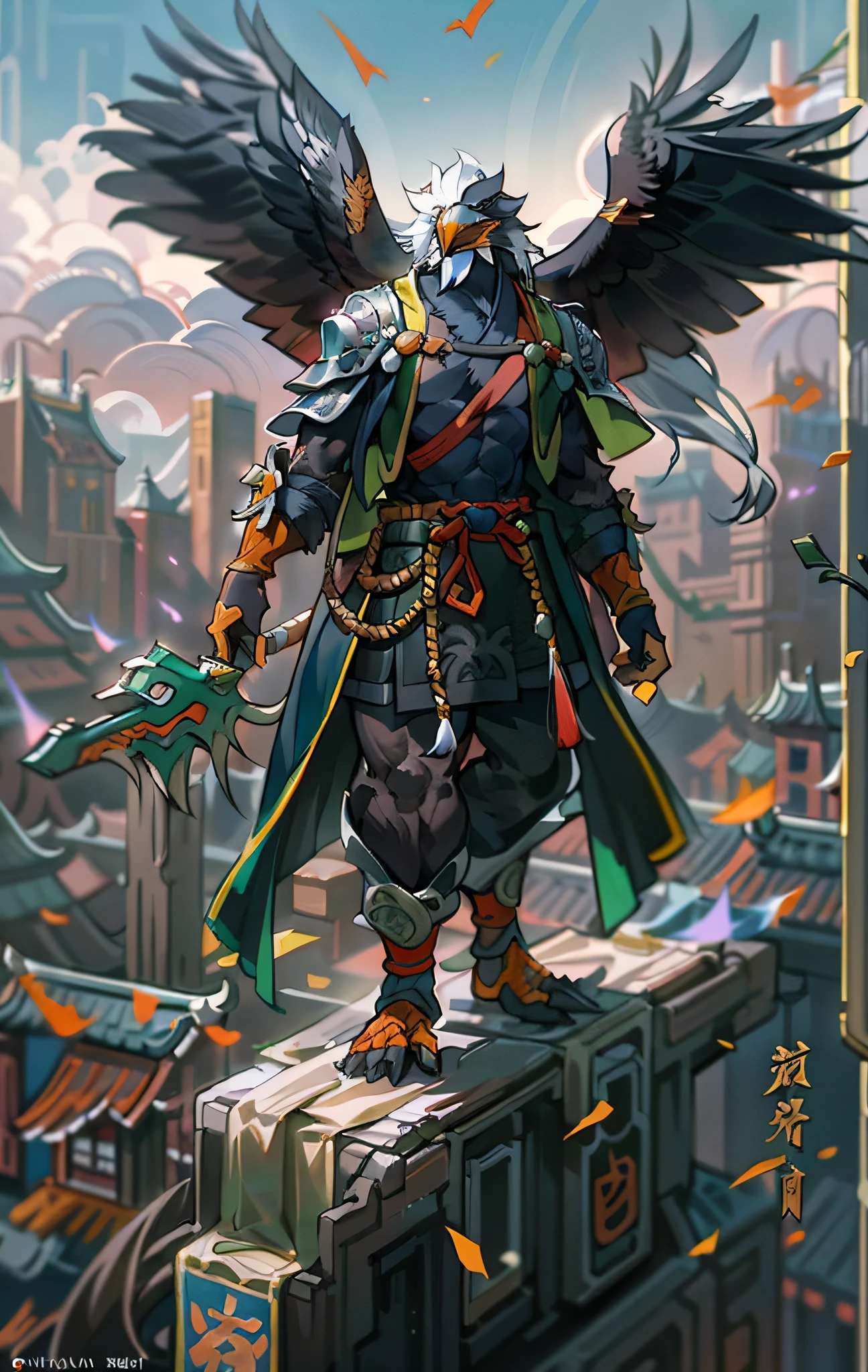 Eagle Assassins, Full body like，Close-up of Eagle Assassin in the city, Determined eyes，Fierce，Akira in Chinese mythology, an epic majestical degen trader, bian lian, by Yang J, Chinese Warrior, Anthropomorphic Assassin Eagle, Son Goku, cgsociety and fenghua zhong, inspired by Li Kan, Epic Assassin Warrior, Eagle Assassins, Black tattered cloak，Armour，Full body standing painting，Fantasy setting, character concept, character art, Character portrait, Cartoon, Best quality, Best resolution, 4K, Vivid colors, Vivid, High detail, best detail, confident pose, extrovert, look from down,